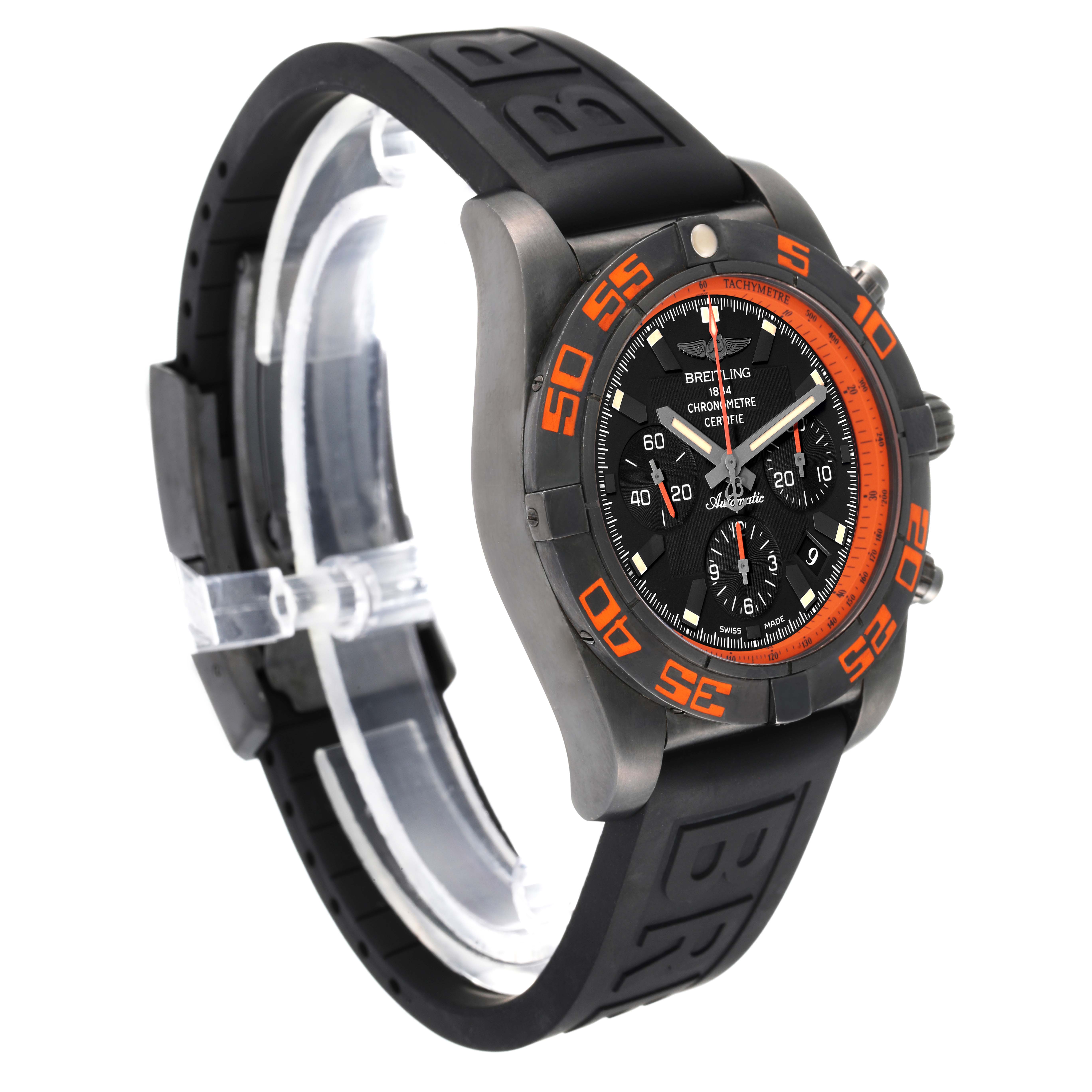 The Breitling Chronomat MB0111 Men's Stainless Steel Black Dial MB0111 Men's Stainless Steel Black Dial watch is shown at a 3/4 angle, displaying its watch face, bezel, and rubber strap.