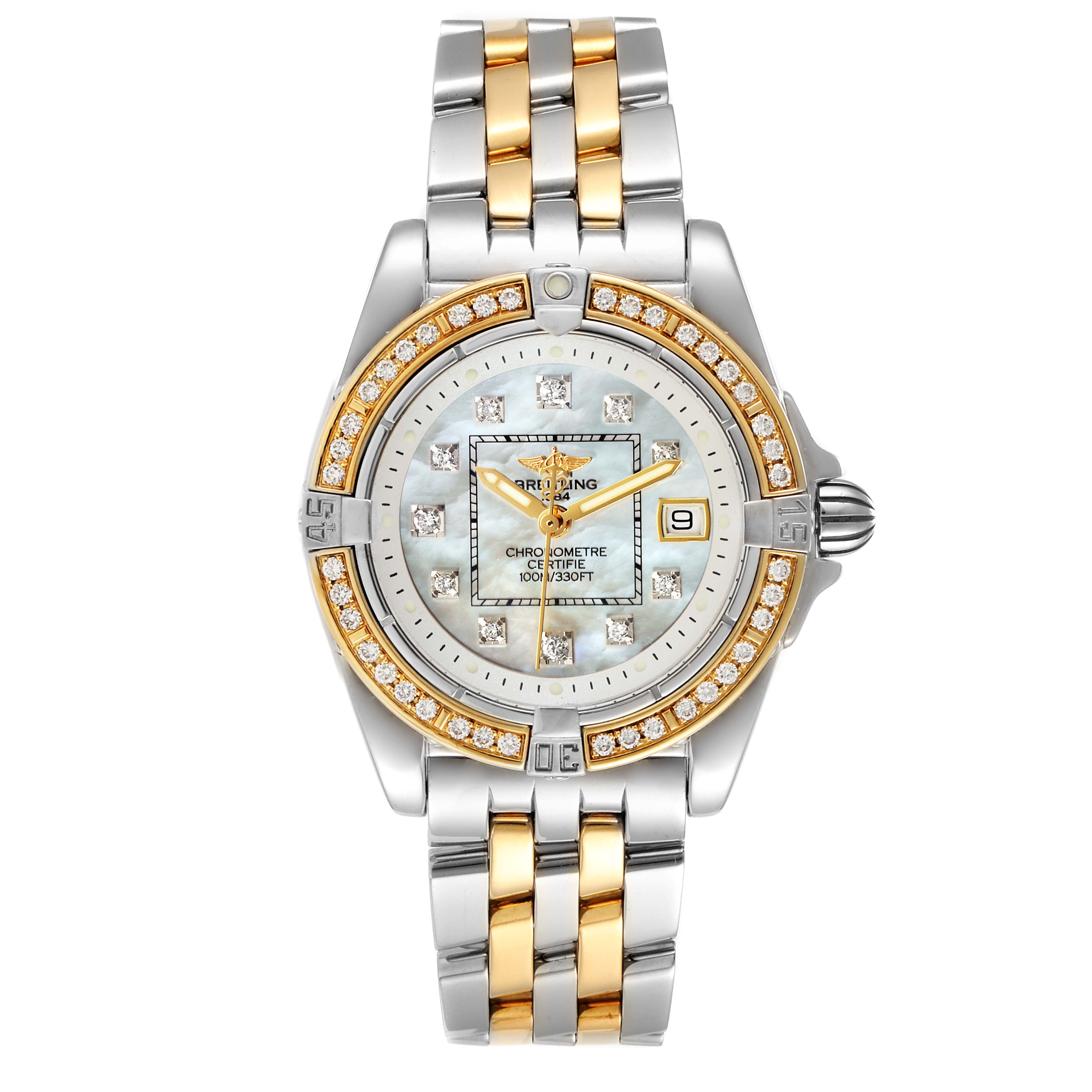 The image shows a front view of the Breitling D71356 Women's Steel and Gold (two tone) Mother of Pearl Dial D71356 Women's Steel and Gold (two tone) Mother of Pearl Dial Cockpit Steel 18K Yellow Gold Diamond Watch D71356.