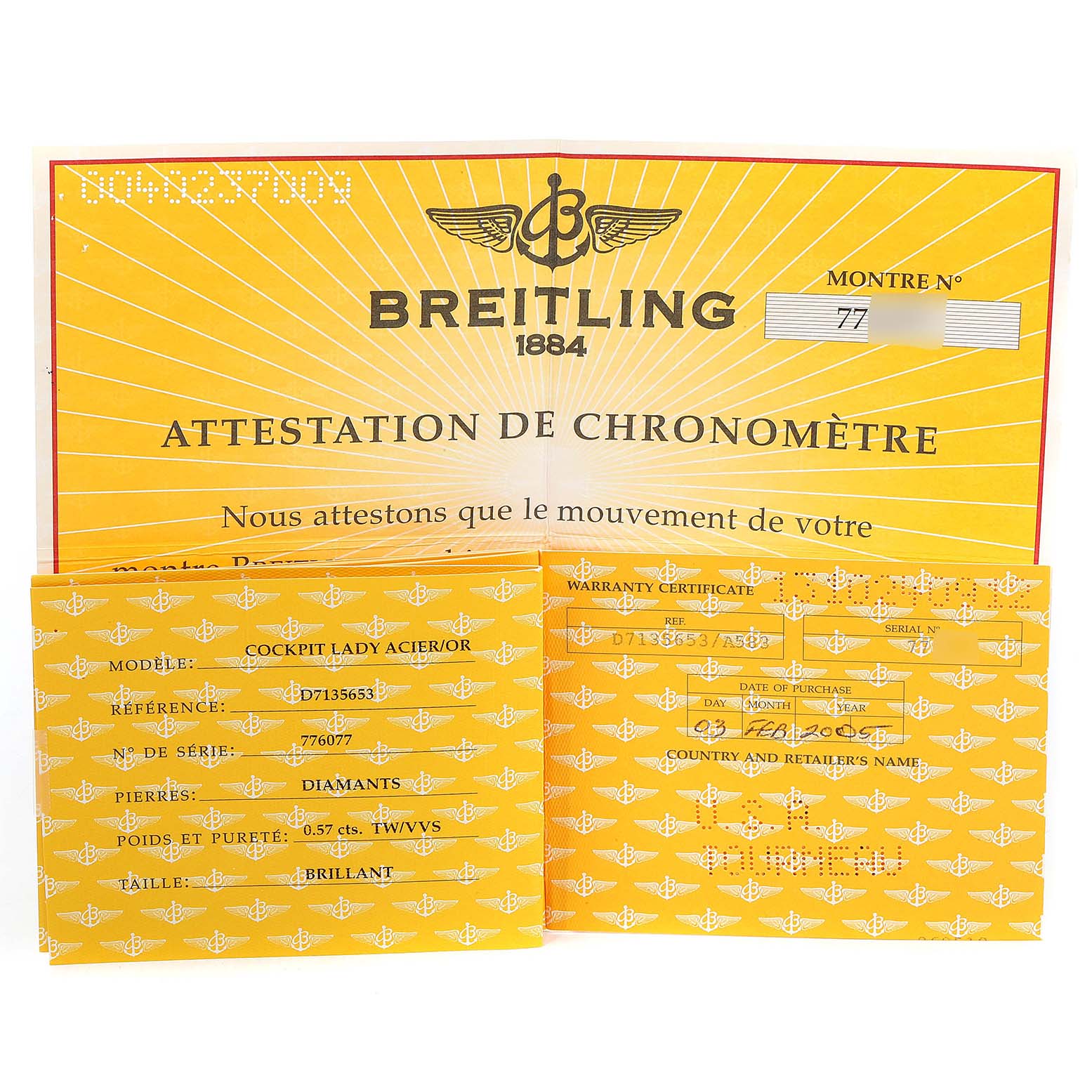 The image shows the box and papers for the Breitling D71356 Women's Steel and Gold (two tone) Mother of Pearl Dial D71356 Women's Steel and Gold (two tone) Mother of Pearl Dial Cockpit Steel 18K Yellow Gold Diamond Watch D71356 model.