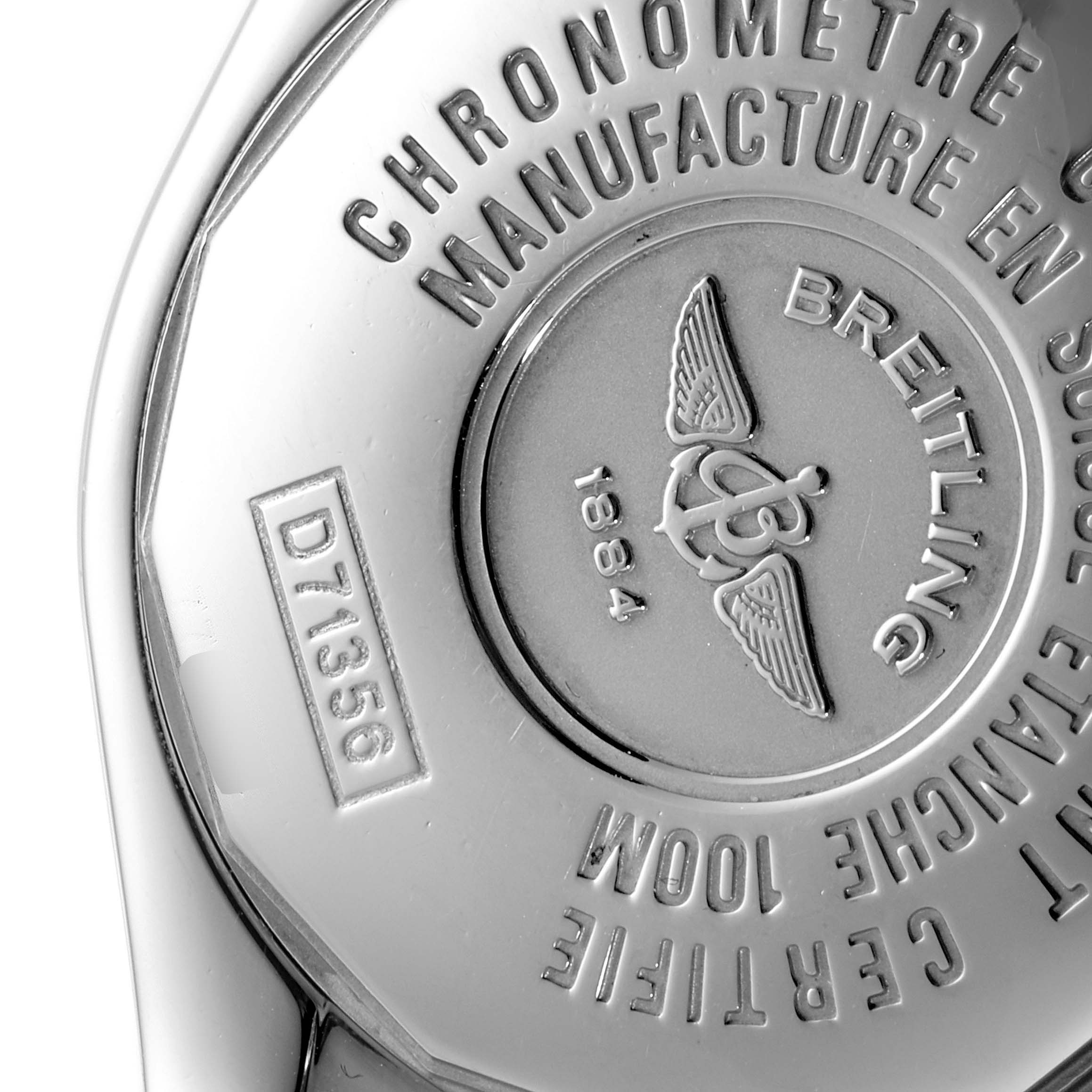 This image shows the back case of the Breitling D71356 Women's Steel and Gold (two tone) Mother of Pearl Dial D71356 Women's Steel and Gold (two tone) Mother of Pearl Dial Cockpit Steel 18K Yellow Gold Diamond Watch D71356 with engraved details.