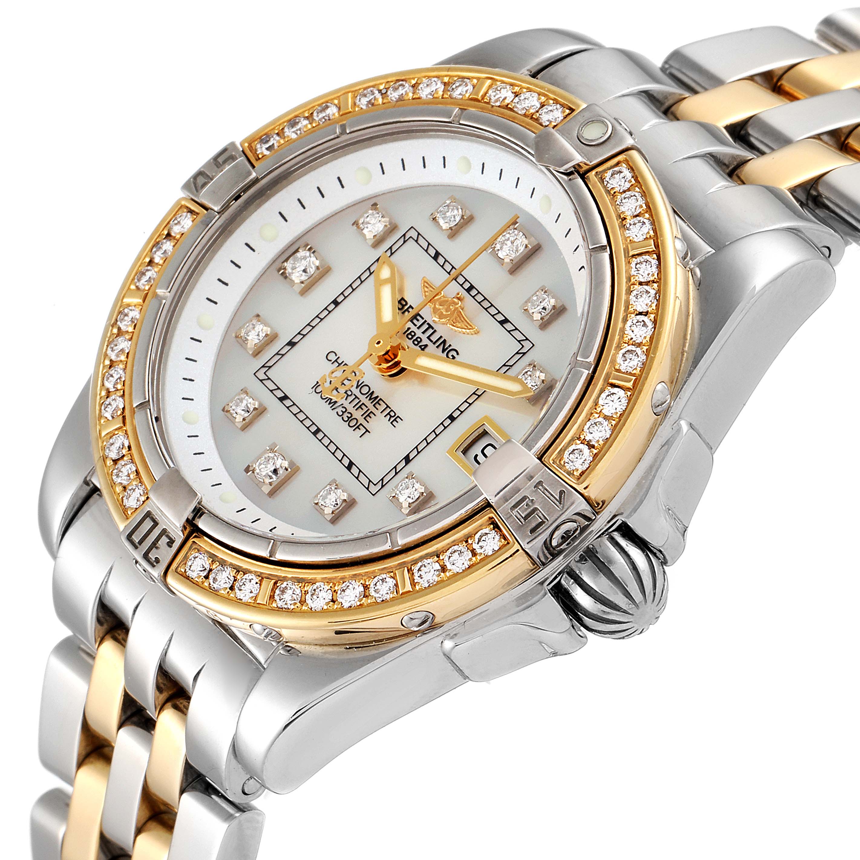 The image shows a close-up, angled view of the Breitling D71356 Women's Steel and Gold (two tone) Mother of Pearl Dial D71356 Women's Steel and Gold (two tone) Mother of Pearl Dial Cockpit Steel 18K Yellow Gold Diamond Watch D71356, highlighting the face and part of the bracelet.