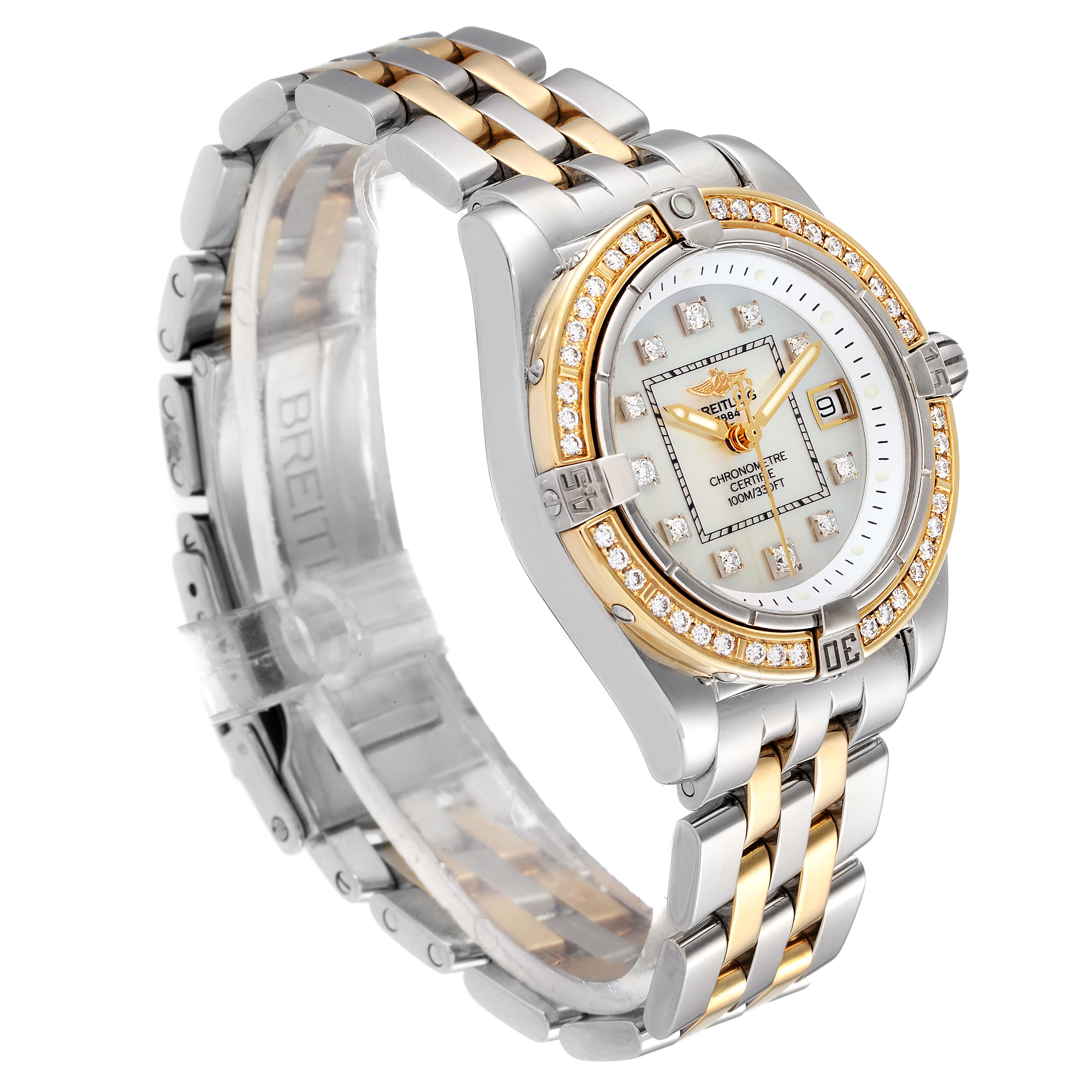 The image shows a Breitling D71356 Women's Steel and Gold (two tone) Mother of Pearl Dial D71356 Women's Steel and Gold (two tone) Mother of Pearl Dial Cockpit Steel 18K Yellow Gold Diamond Watch D71356 at a three-quarter angle showcasing its dial and bracelet.