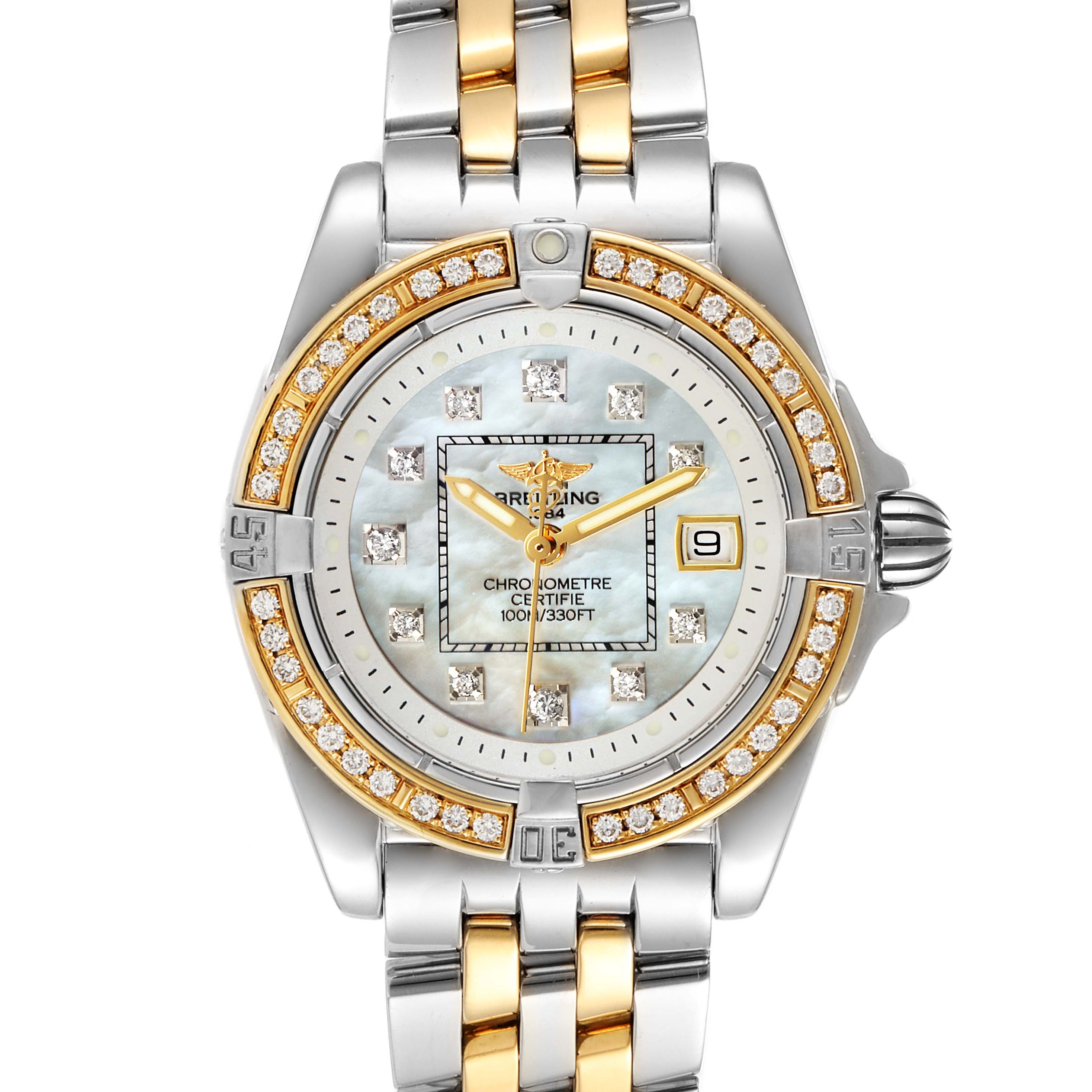 The image shows a front view of the Breitling D71356 Women's Steel and Gold (two tone) Mother of Pearl Dial D71356 Women's Steel and Gold (two tone) Mother of Pearl Dial Cockpit Steel 18K Yellow Gold Diamond Watch D71356, featuring its bracelet and diamond-studded bezel.