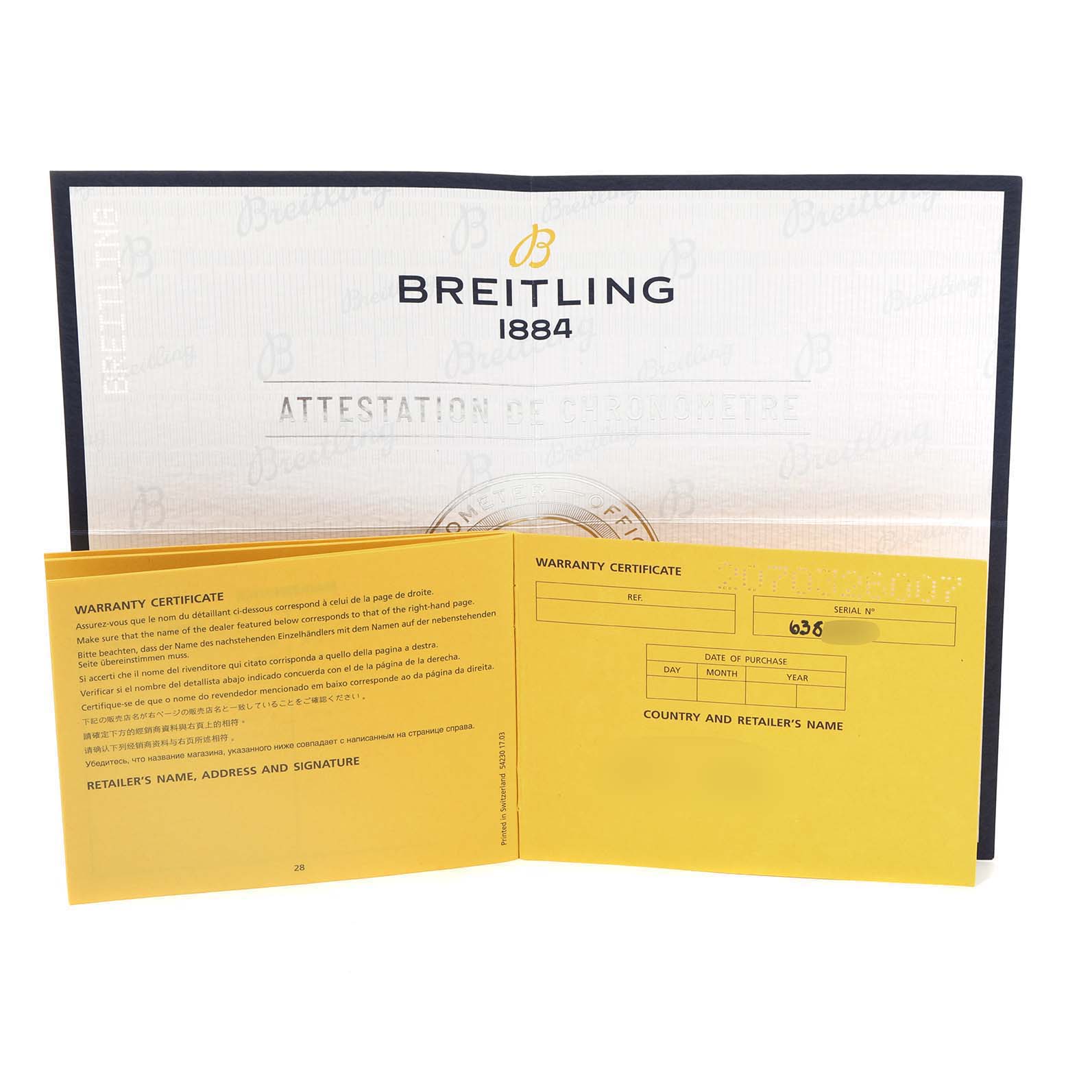 The image shows the warranty certificate and papers for the Breitling A37330 Women's Stainless Steel Silver Dial A37330 Women's Stainless Steel Silver Dial Galactic 36 Silver Dial Steel Ladies Watch A37330.