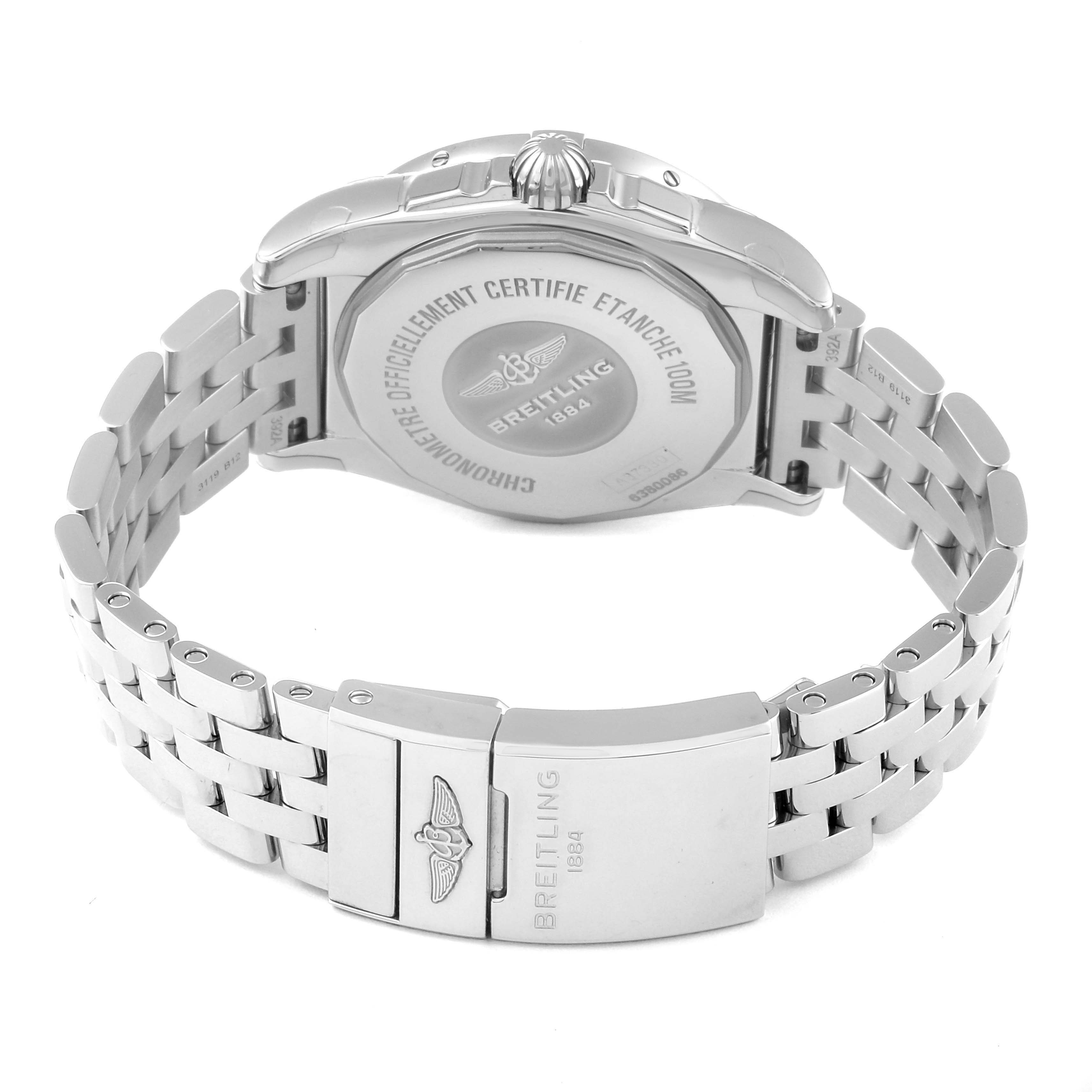 This image shows the back view of the Breitling A37330 Women's Stainless Steel Silver Dial A37330 Women's Stainless Steel Silver Dial Galactic 36 Silver Dial Steel Ladies Watch A37330, featuring its clasp and bracelet.