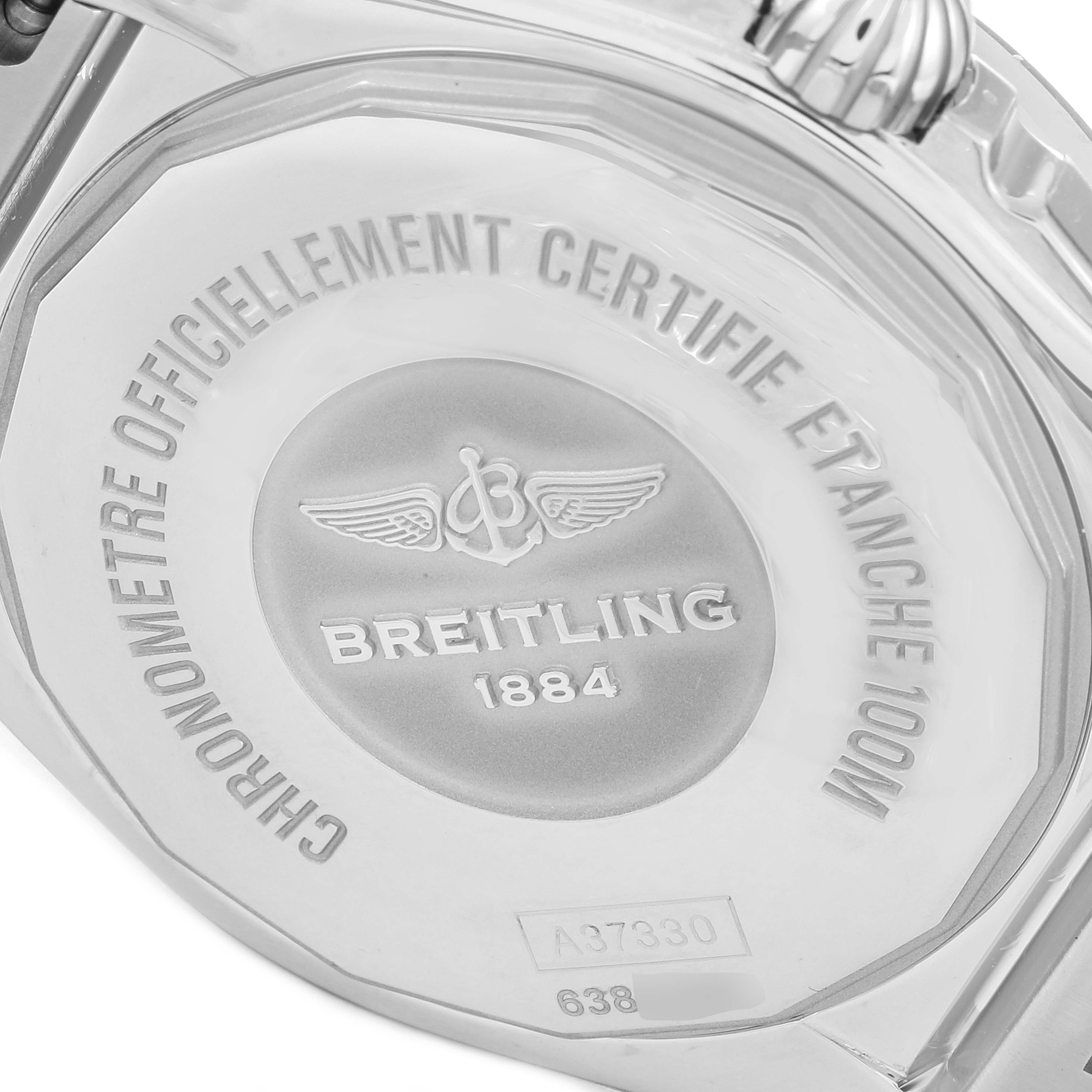 The image shows the back case of the Breitling A37330 Women's Stainless Steel Silver Dial A37330 Women's Stainless Steel Silver Dial Galactic 36 Silver Dial Steel Ladies Watch, model A37330, highlighting the brand and certification details.
