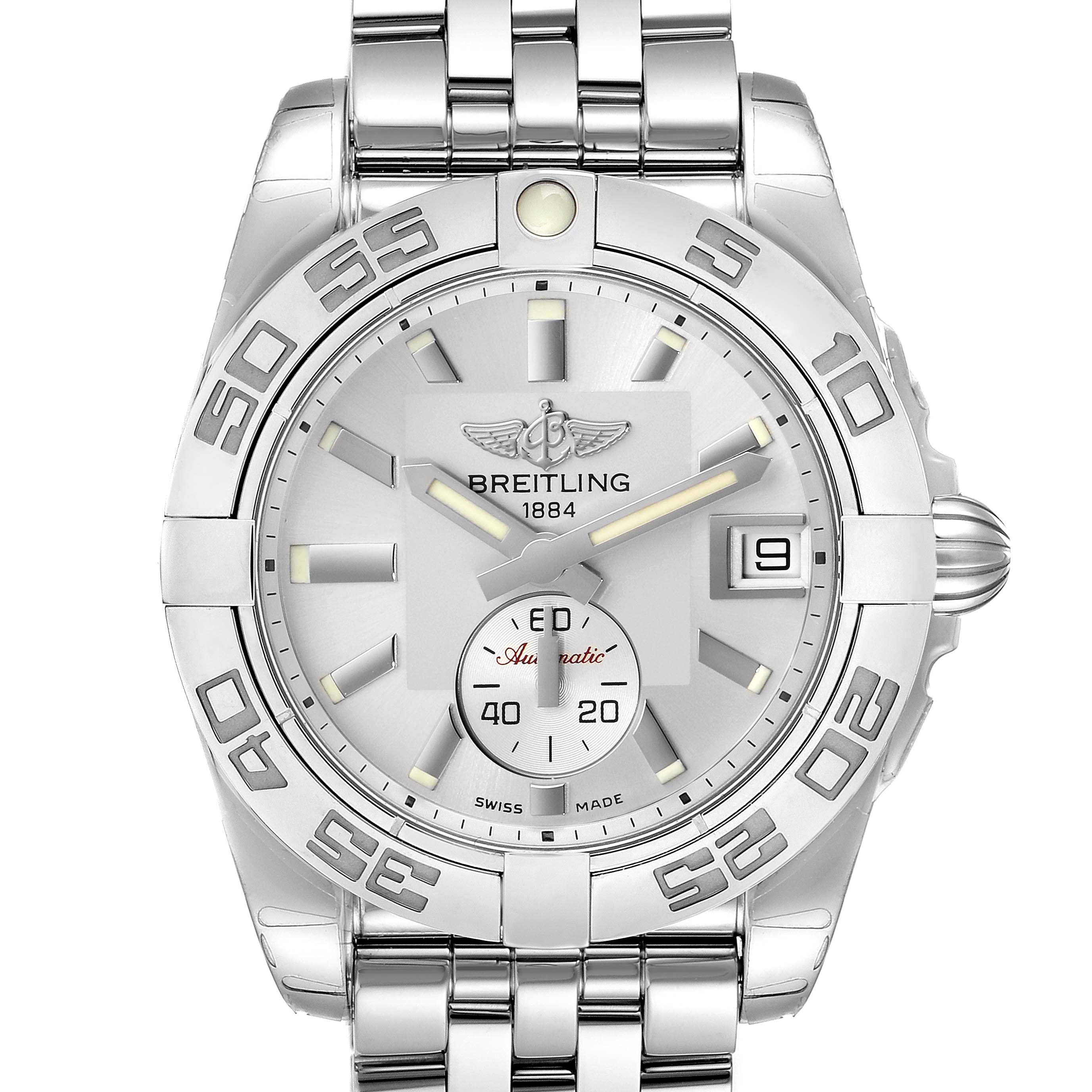 The image shows a front view of the Breitling A37330 Women's Stainless Steel Silver Dial A37330 Women's Stainless Steel Silver Dial Galactic 36 Silver Dial Steel Ladies Watch A37330.