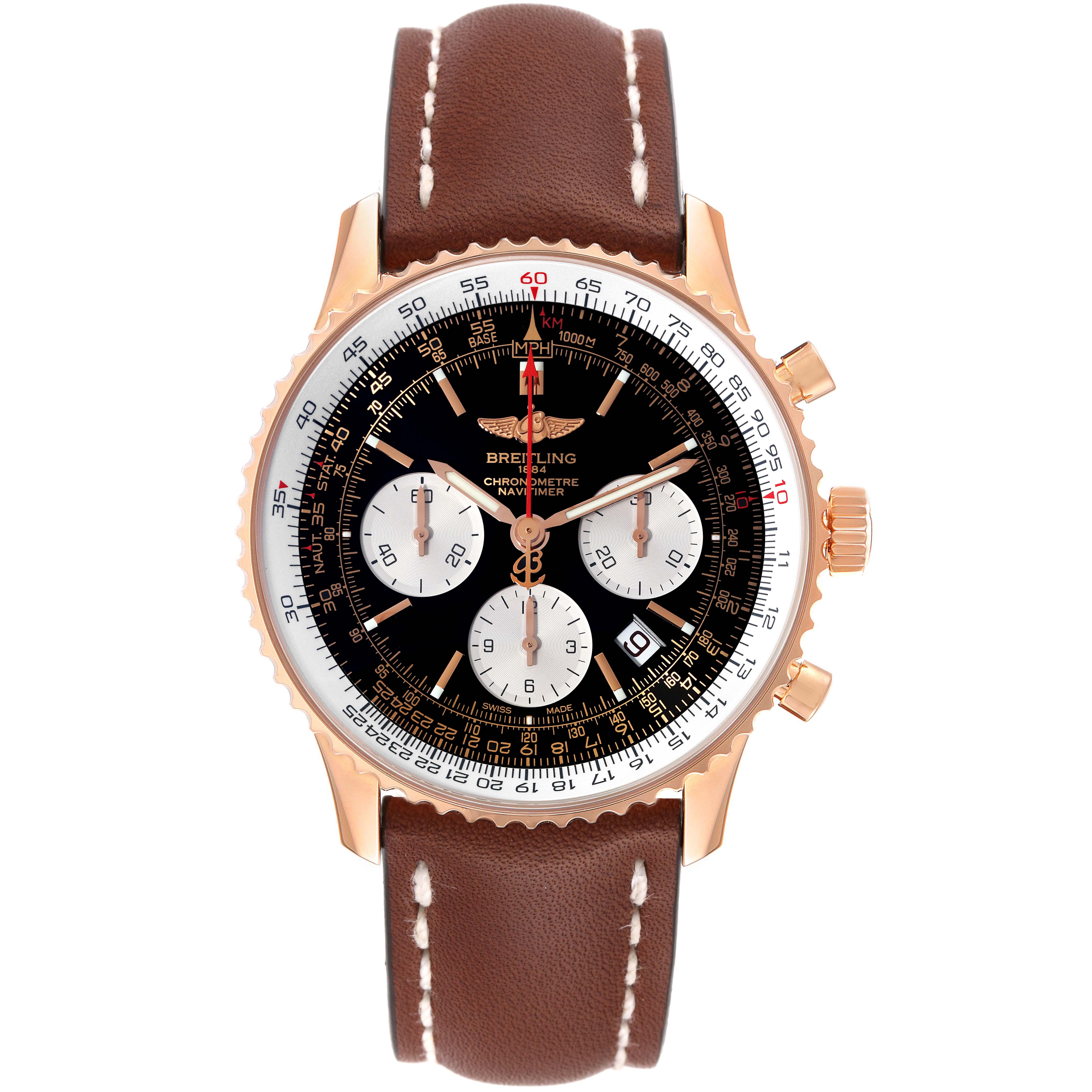 The image shows a front view of a Breitling Navitimer RB0121 Men's Rose Gold Black Dial RB0121 Men's Rose Gold Black Dial watch with a brown leather strap and a black dial.