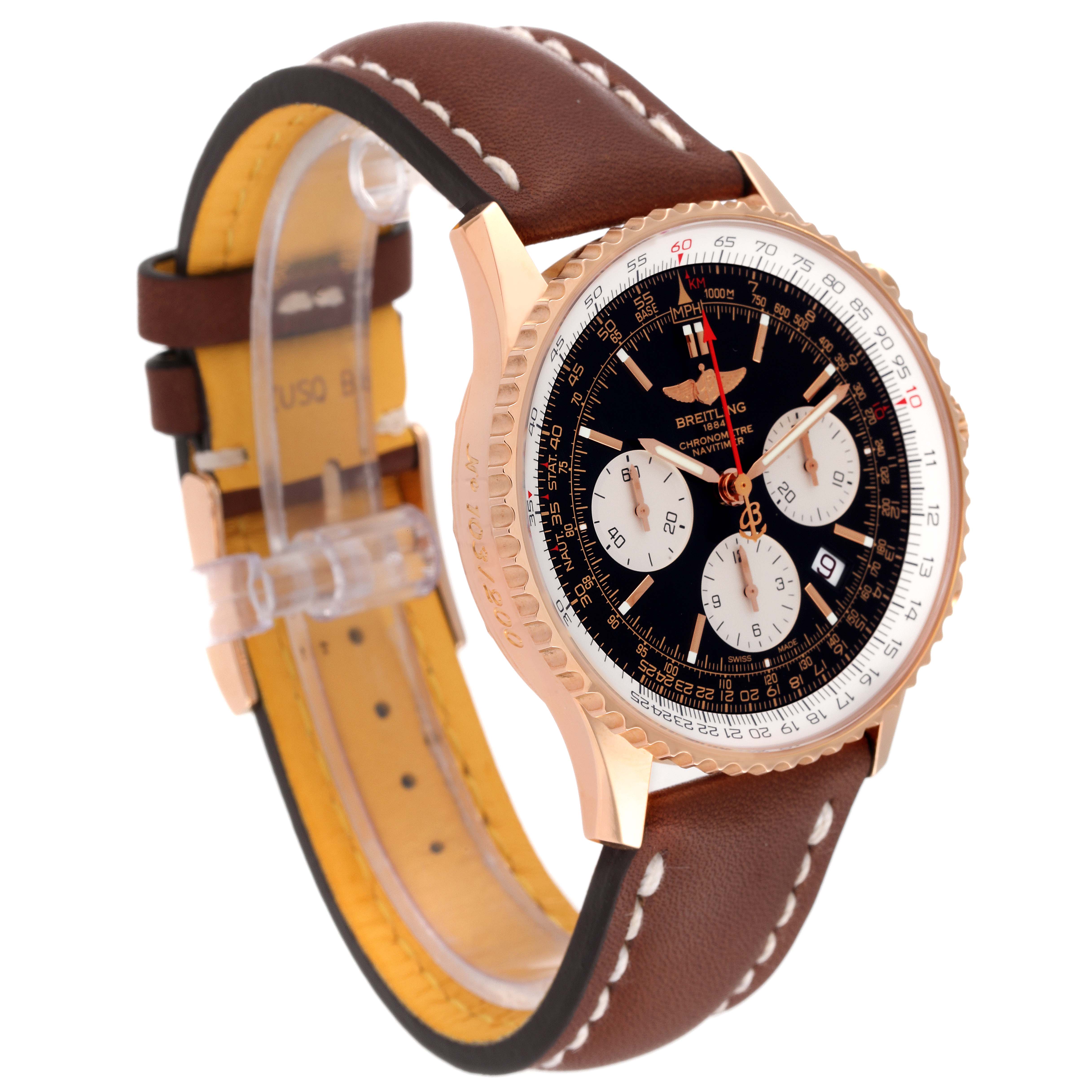 The Breitling Navitimer RB0121 Men's Rose Gold Black Dial RB0121 Men's Rose Gold Black Dial watch is shown at a three-quarter angle, displaying its dial, bezel, and leather strap.
