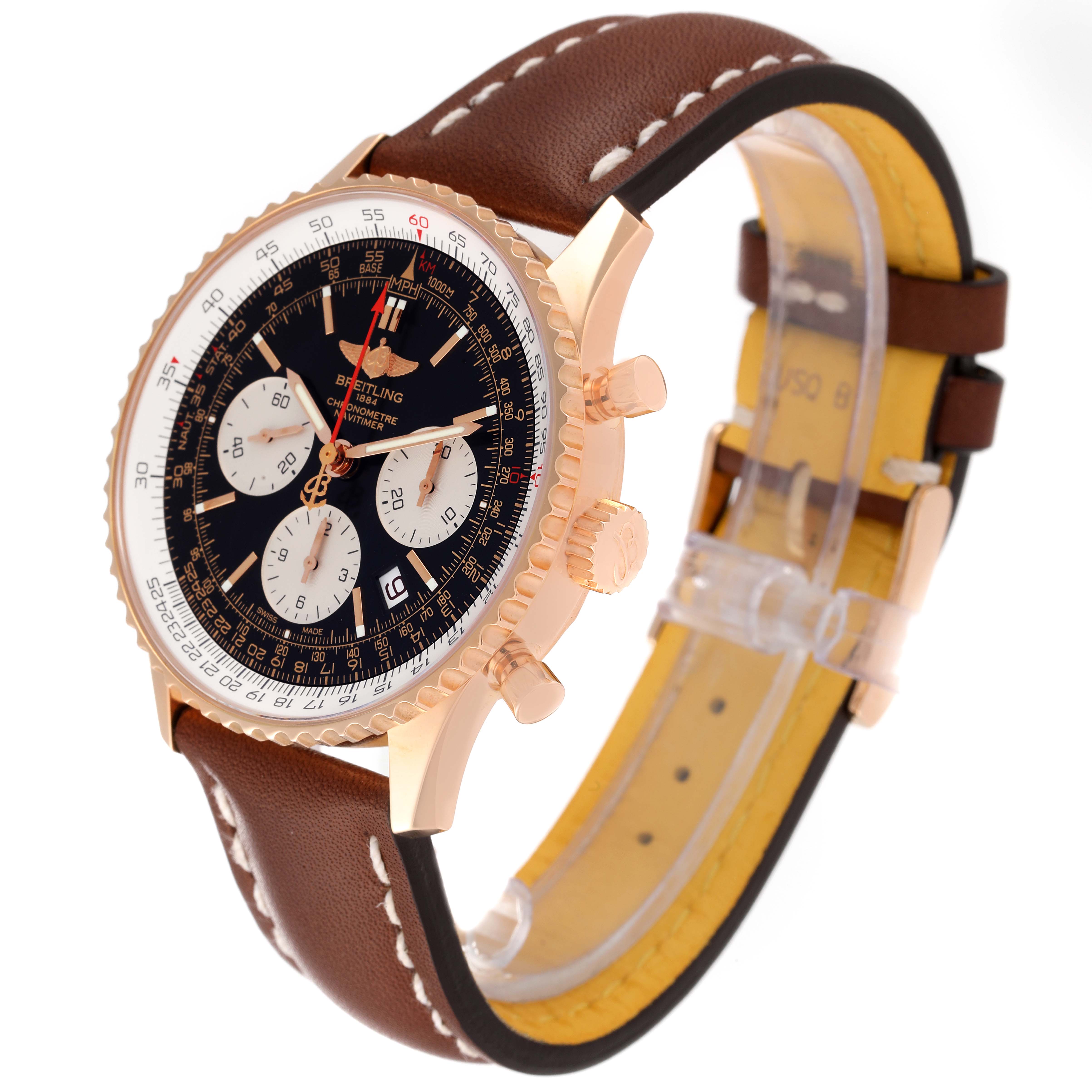 The image shows a Breitling Navitimer RB0121 Men's Rose Gold Black Dial RB0121 Men's Rose Gold Black Dial watch angled to display the face, case, crown, push buttons, and leather strap.