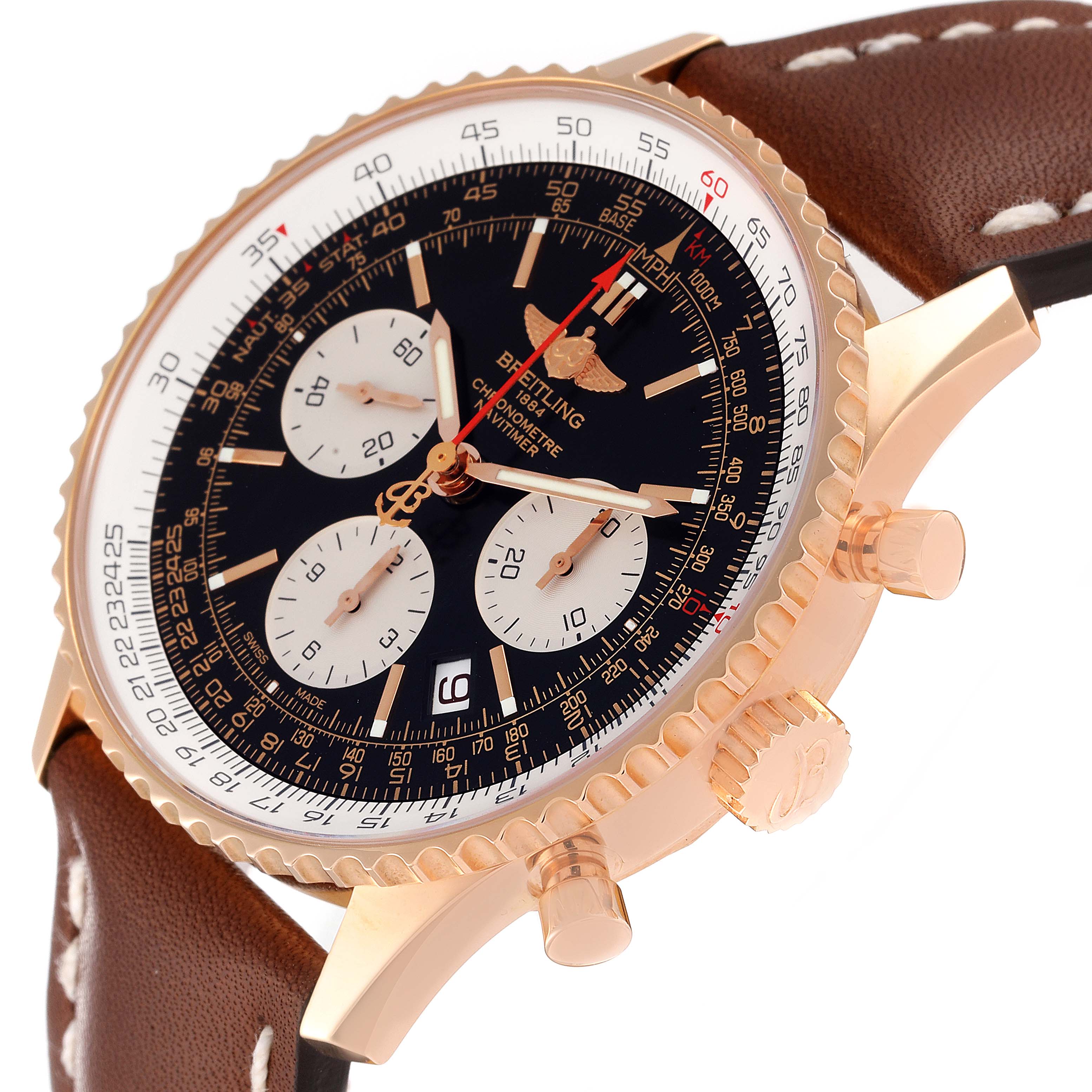 This image shows a close-up of the Breitling Navitimer RB0121 Men's Rose Gold Black Dial RB0121 Men's Rose Gold Black Dial watch, highlighting its face, bezel, crown, and leather strap.