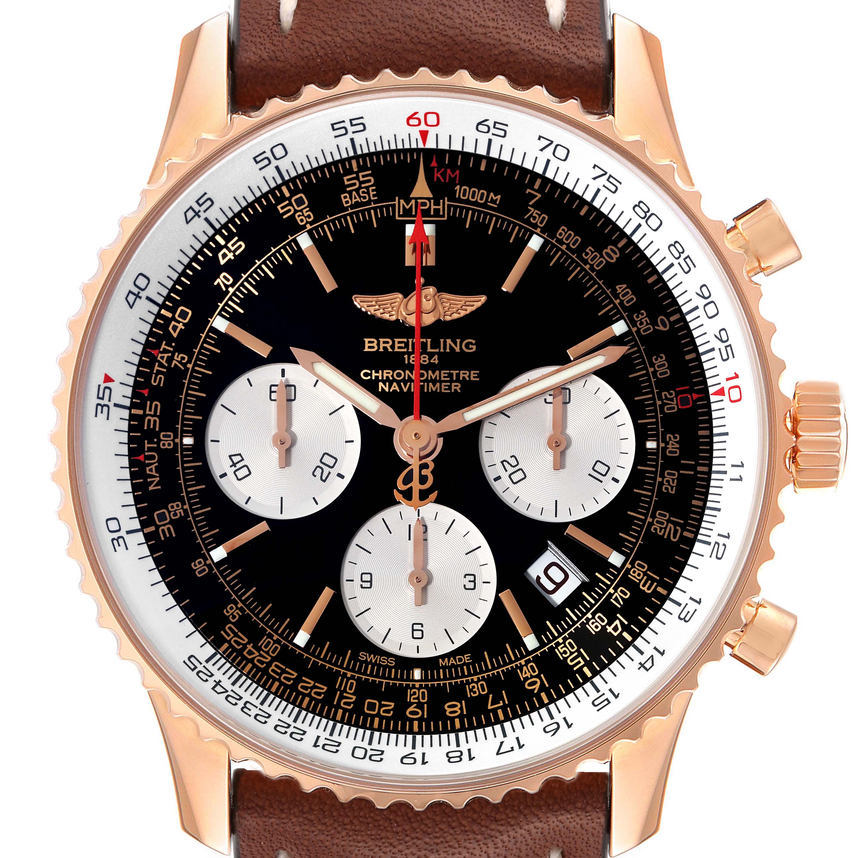The image shows a front view of a Breitling Navitimer RB0121 Men's Rose Gold Black Dial RB0121 Men's Rose Gold Black Dial watch, highlighting its face, chronograph sub-dials, and leather strap.