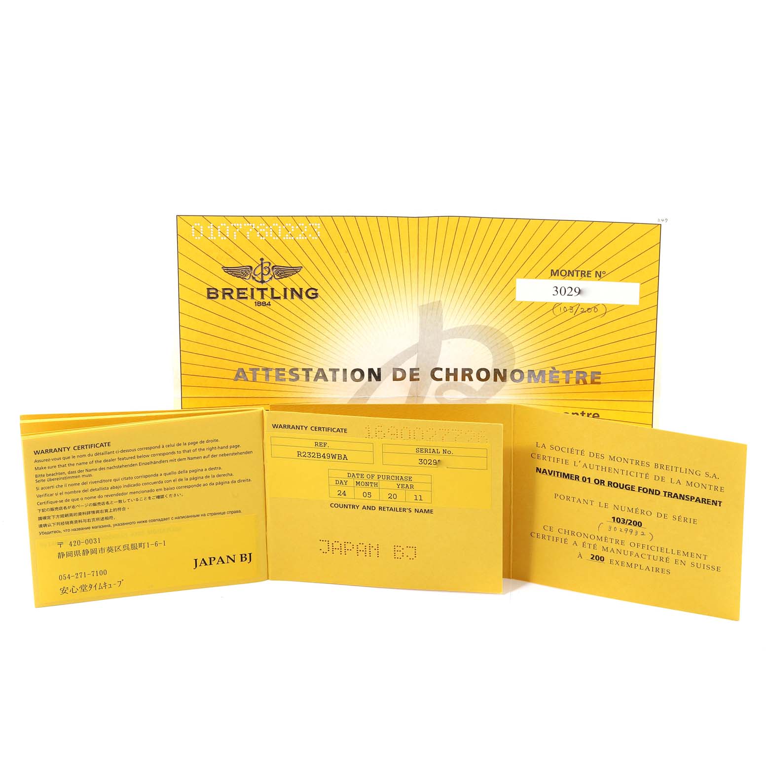 The image shows warranty certificates and a chronometer attestation for the Breitling Navitimer RB0121 Men's Rose Gold Black Dial RB0121 Men's Rose Gold Black Dial watch model.