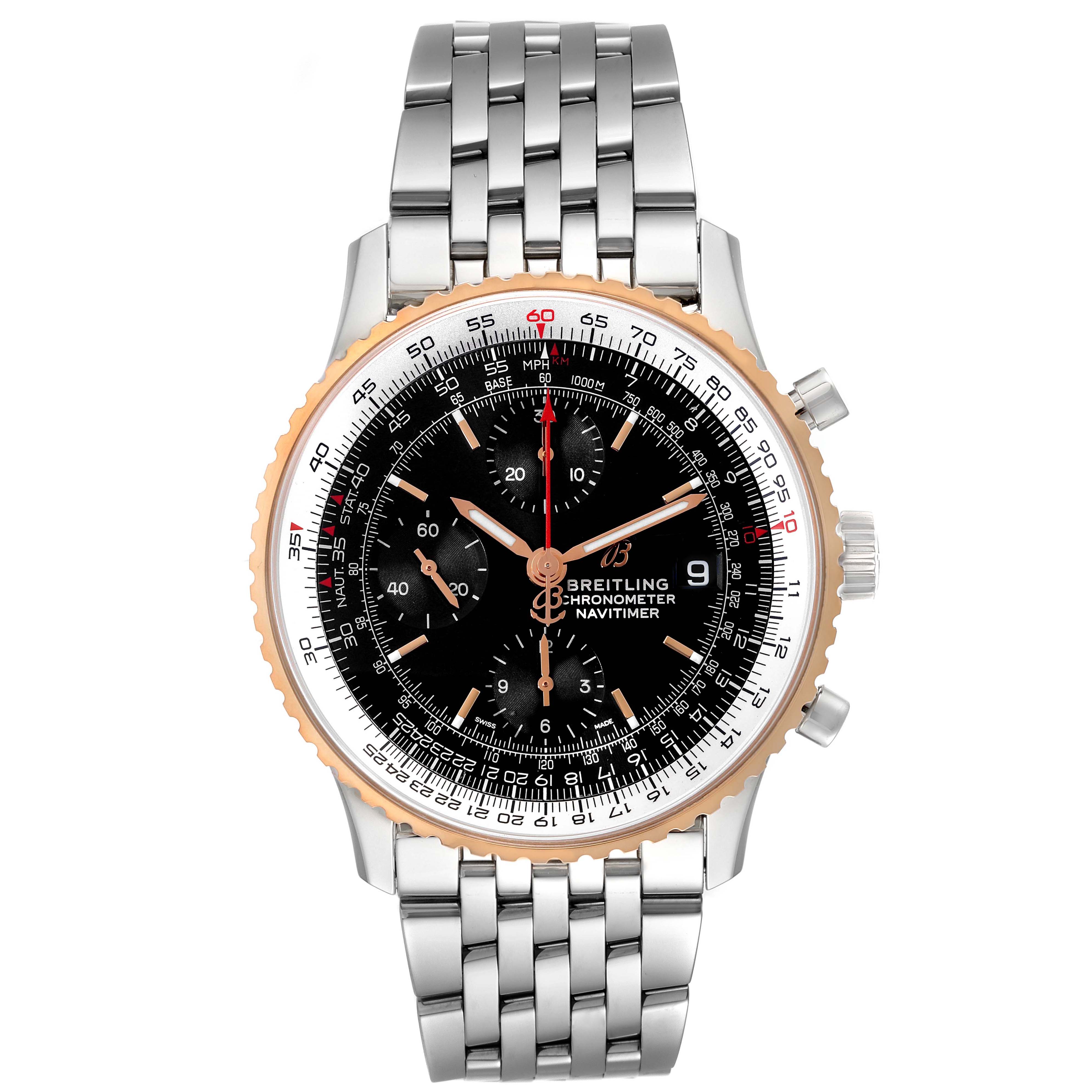 The Breitling Navitimer U13324211B1X1 Men
s Steel and Gold (two tone) Black Dial U13324211B1X1 Men
s Steel and Gold (two tone) Black Dial is shown from the front, displaying the dial, bezel, and metal bracelet.