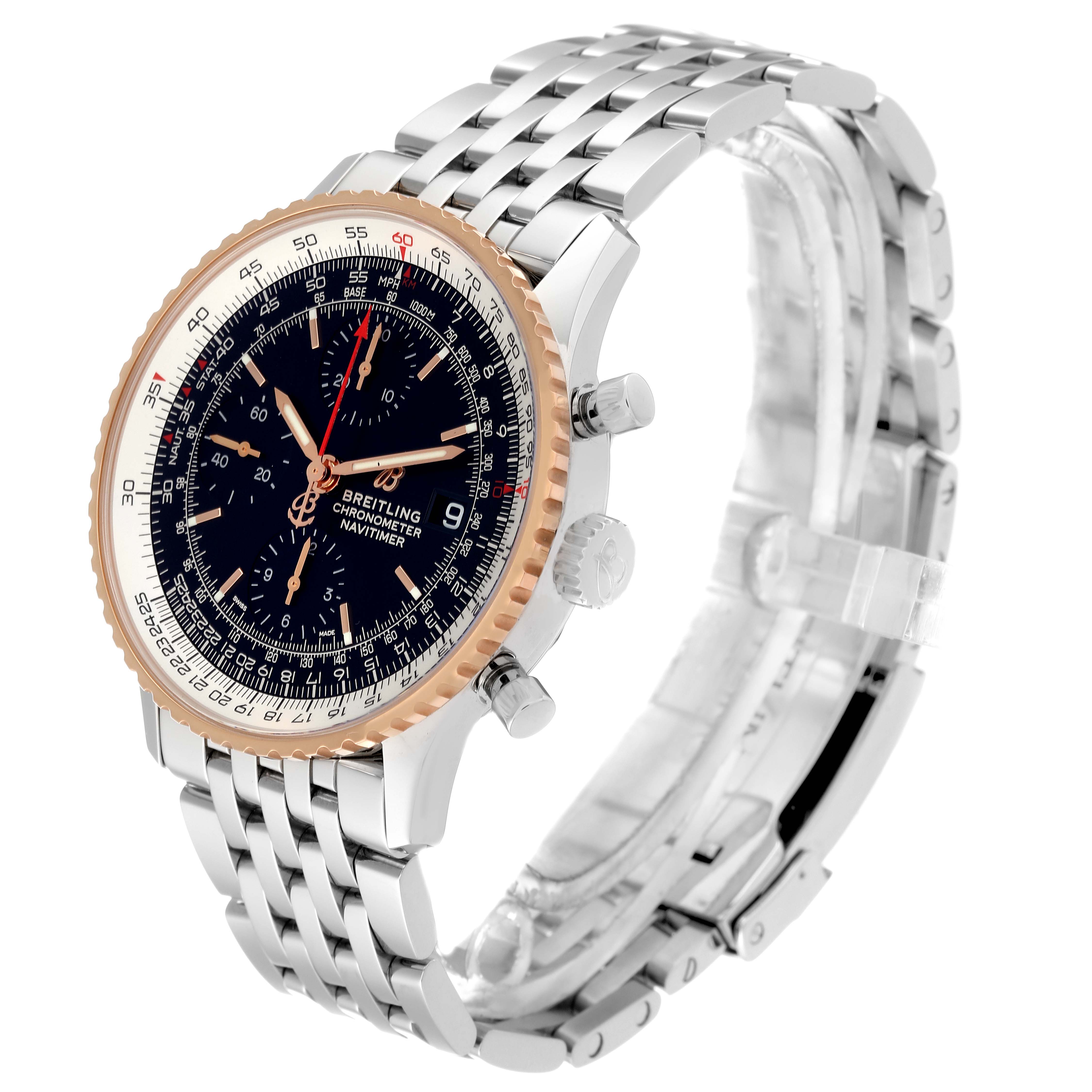 This image of a Breitling Navitimer U13324211B1X1 Men
s Steel and Gold (two tone) Black Dial U13324211B1X1 Men
s Steel and Gold (two tone) Black Dial watch is angled from the front left, showing the face, bezel, and stainless steel bracelet.