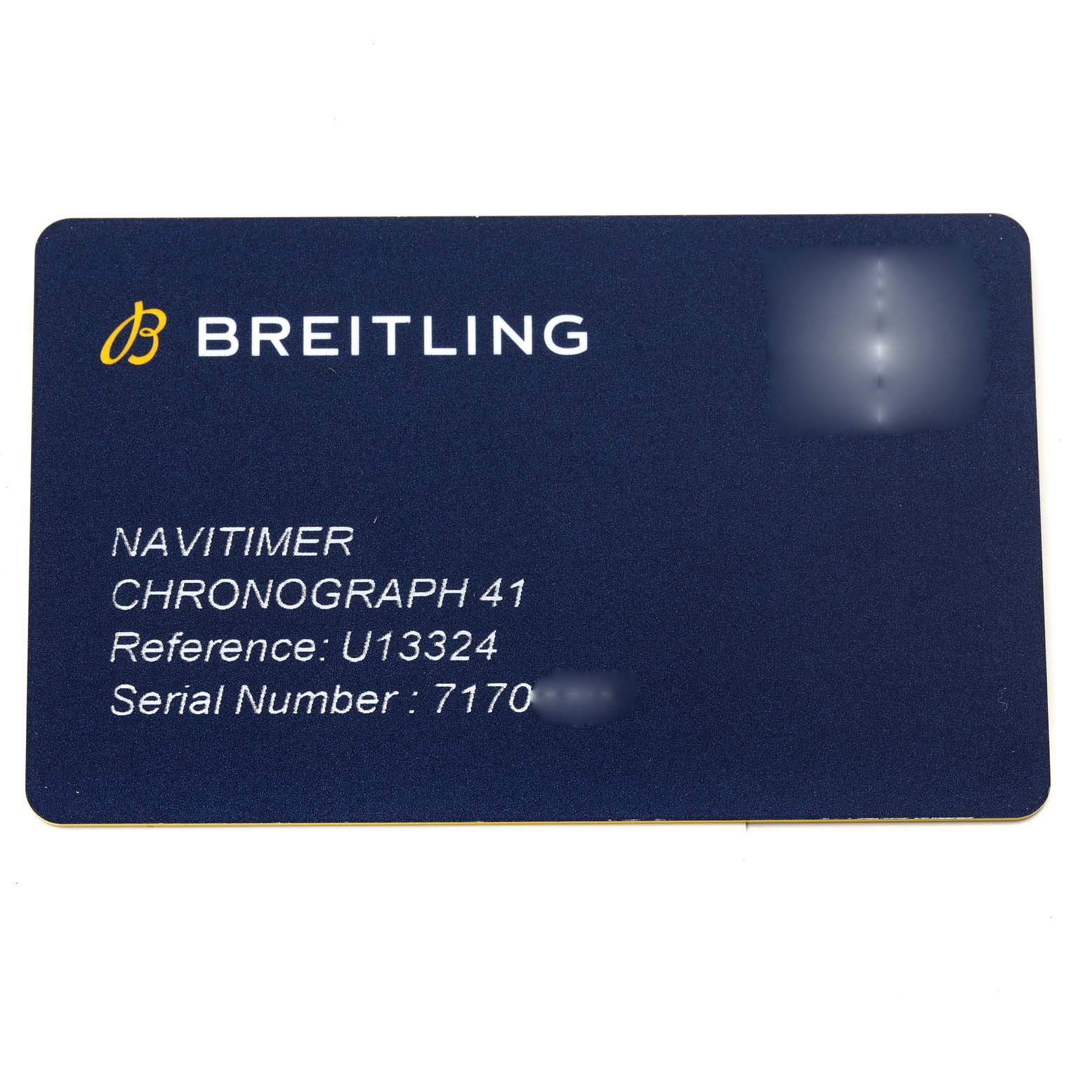 The image shows an identification card for the Breitling Navitimer U13324211B1X1 Men
s Steel and Gold (two tone) Black Dial U13324211B1X1 Men
s Steel and Gold (two tone) Black Dial Chronograph 41, displaying the reference and serial number.