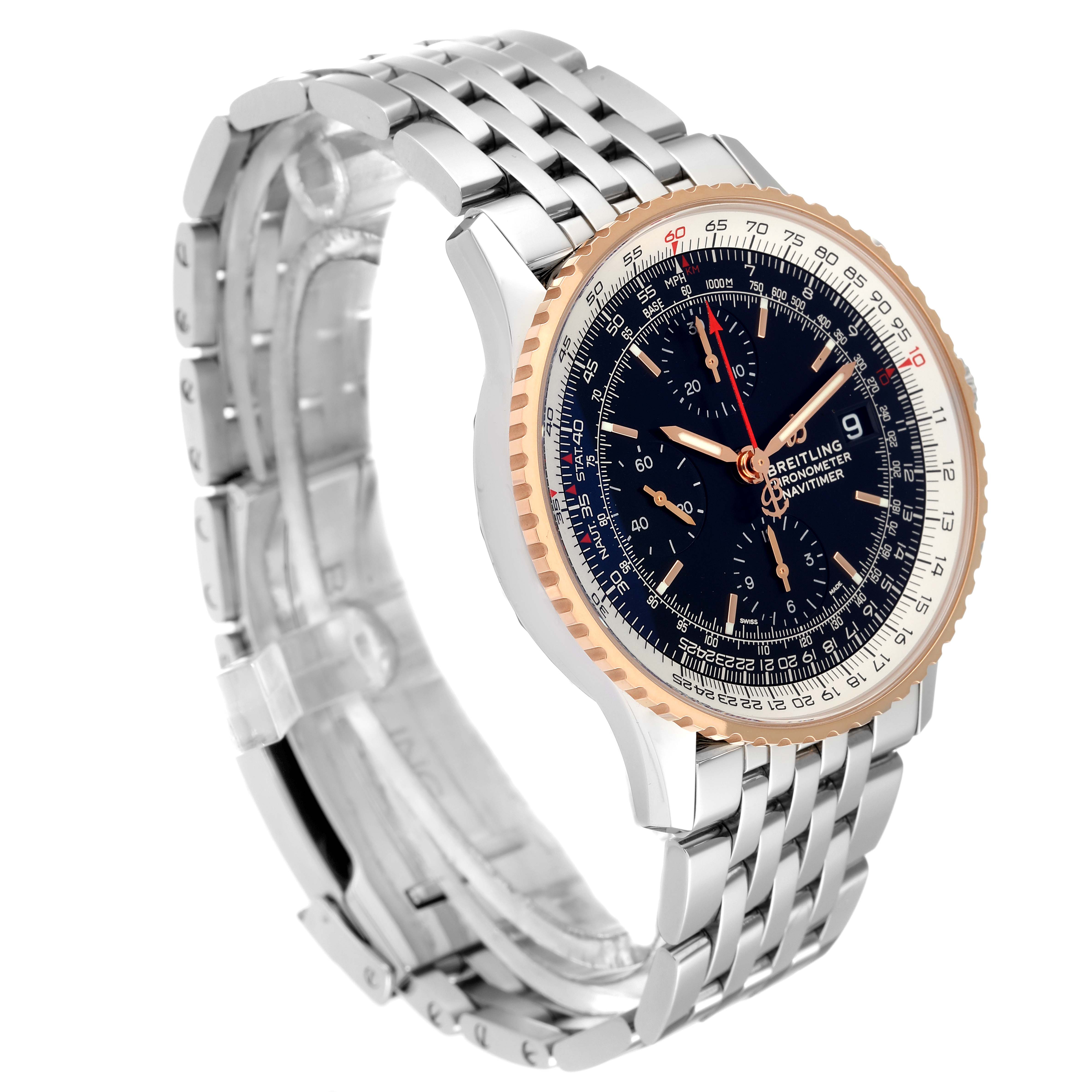 The image shows a Breitling Navitimer U13324211B1X1 Men
s Steel and Gold (two tone) Black Dial U13324211B1X1 Men
s Steel and Gold (two tone) Black Dial watch at a slight angled side view, highlighting its face, bezel, and stainless steel bracelet.