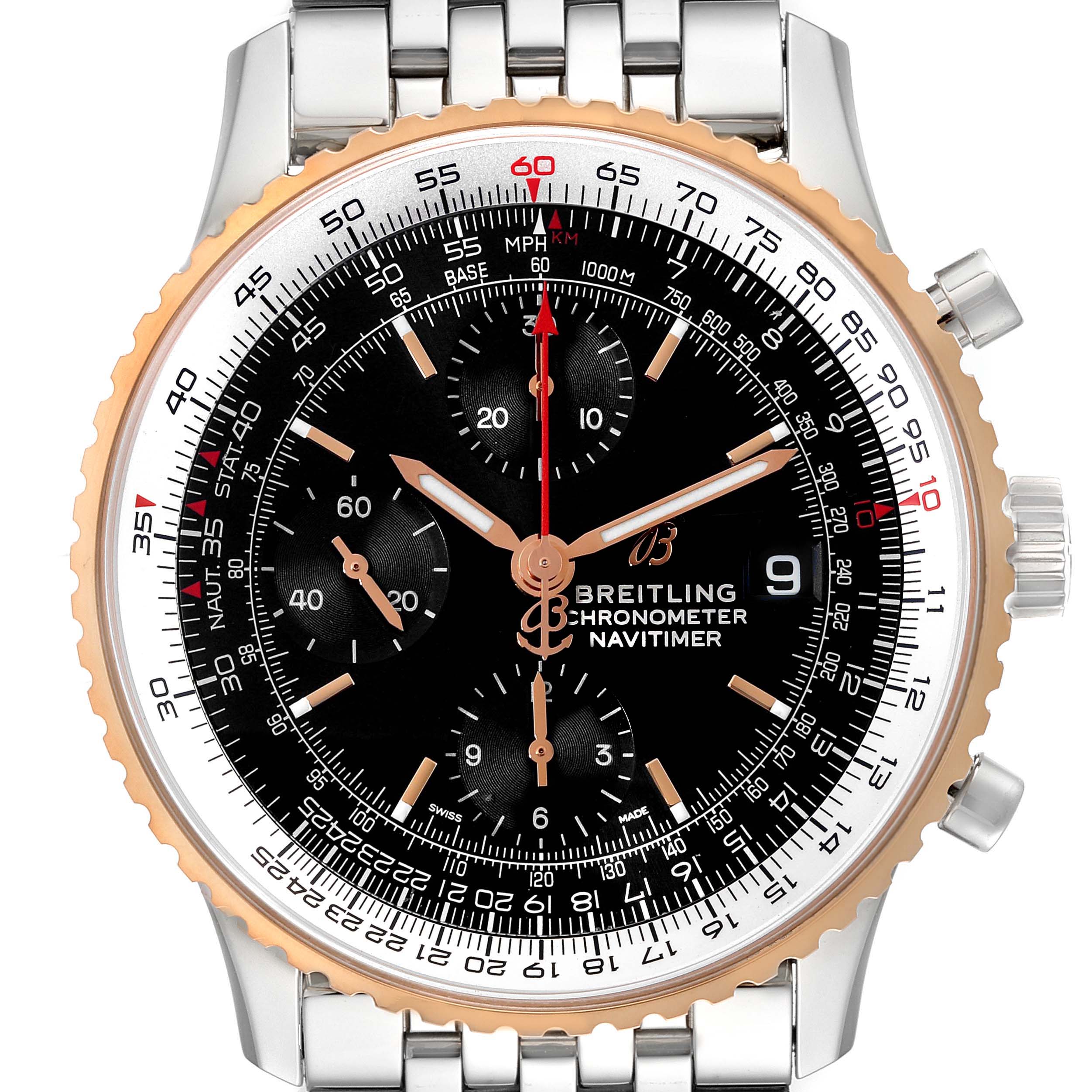 The Breitling Navitimer U13324211B1X1 Men
s Steel and Gold (two tone) Black Dial U13324211B1X1 Men
s Steel and Gold (two tone) Black Dial watch is shown from the front, displaying the full face, bezel, and part of the metal bracelet.