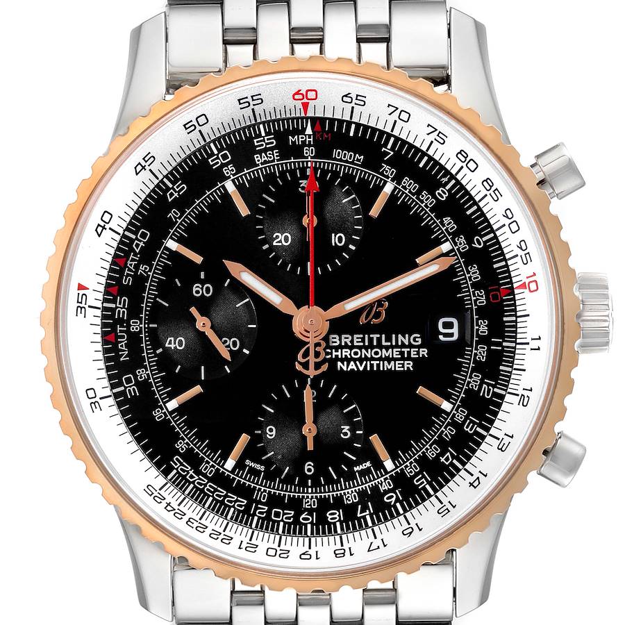 The Breitling Navitimer watch is shown from the front, displaying the full face, bezel, and part of the metal bracelet.