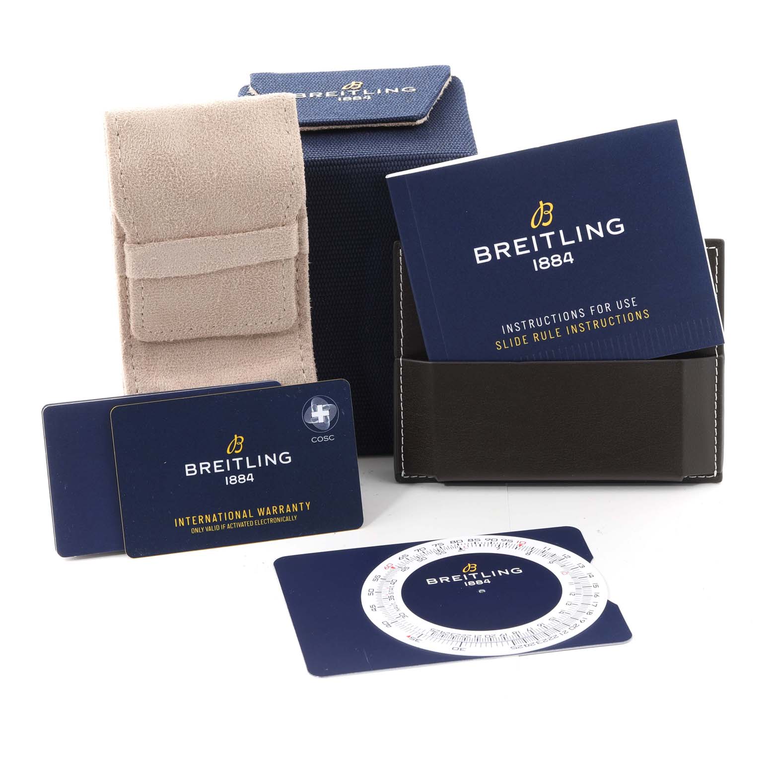 This image shows accessories for the Breitling Navitimer U13324211B1X1 Men
s Steel and Gold (two tone) Black Dial U13324211B1X1 Men
s Steel and Gold (two tone) Black Dial watch, including warranty cards, instructions, a case, and a pouch.