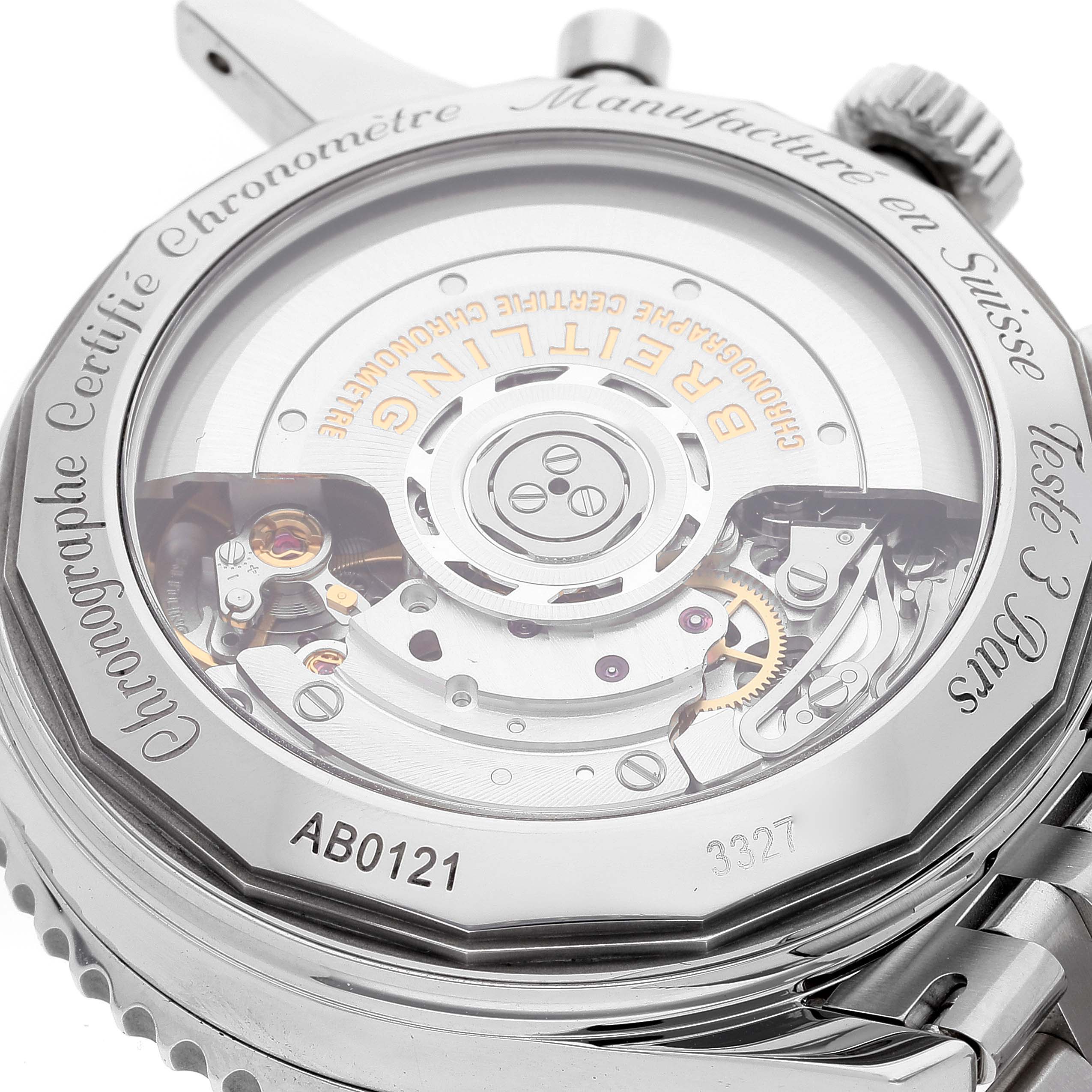 This image shows the back of a Breitling Navitimer AB0121 Men's Stainless Steel Mother of Pearl Dial AB0121 Men's Stainless Steel Mother of Pearl Dial watch, displaying its movement mechanism and engraving details.
