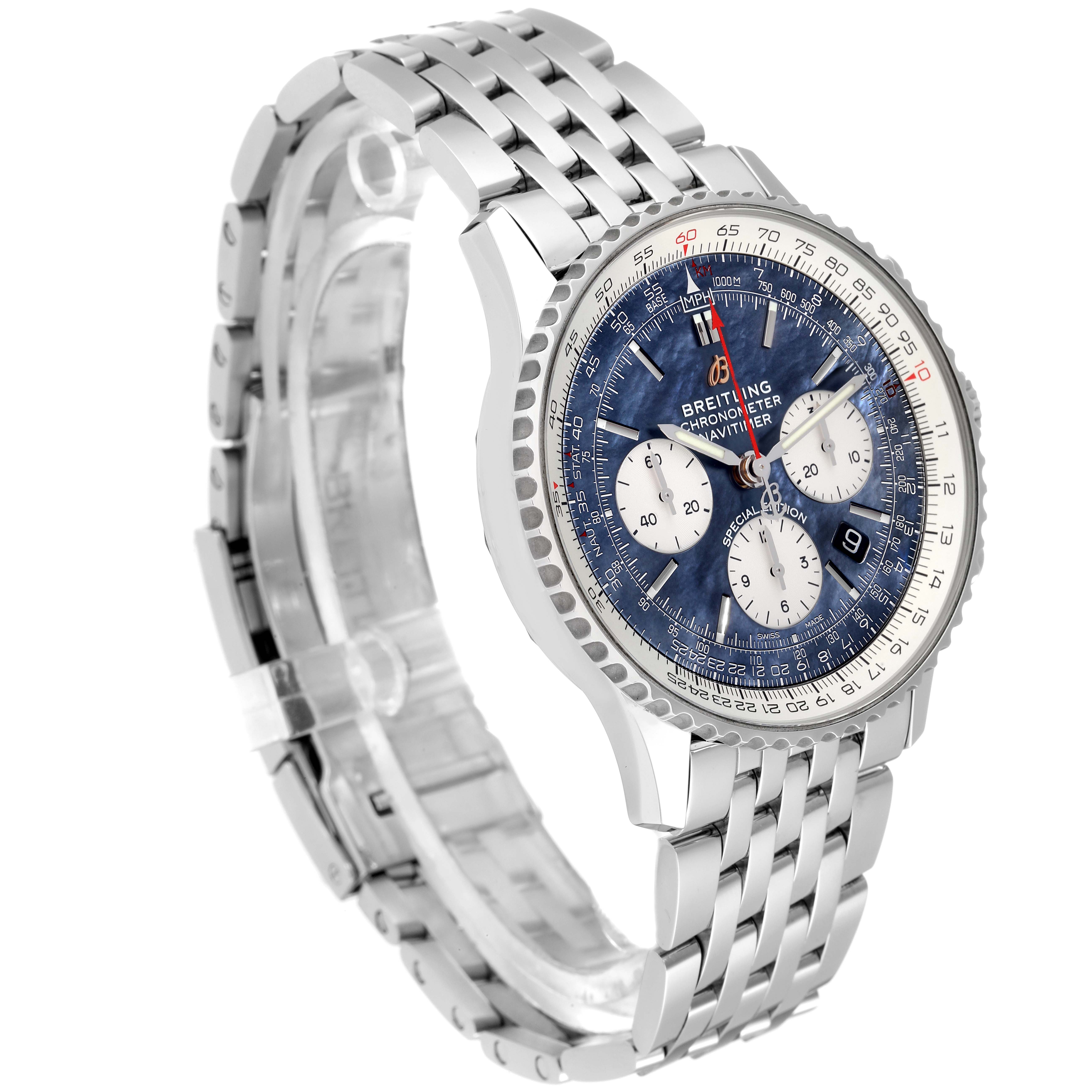 The image shows a Breitling Navitimer AB0121 Men's Stainless Steel Mother of Pearl Dial AB0121 Men's Stainless Steel Mother of Pearl Dial watch at a three-quarter angle, highlighting its stainless steel case, bracelet, and blue dial.