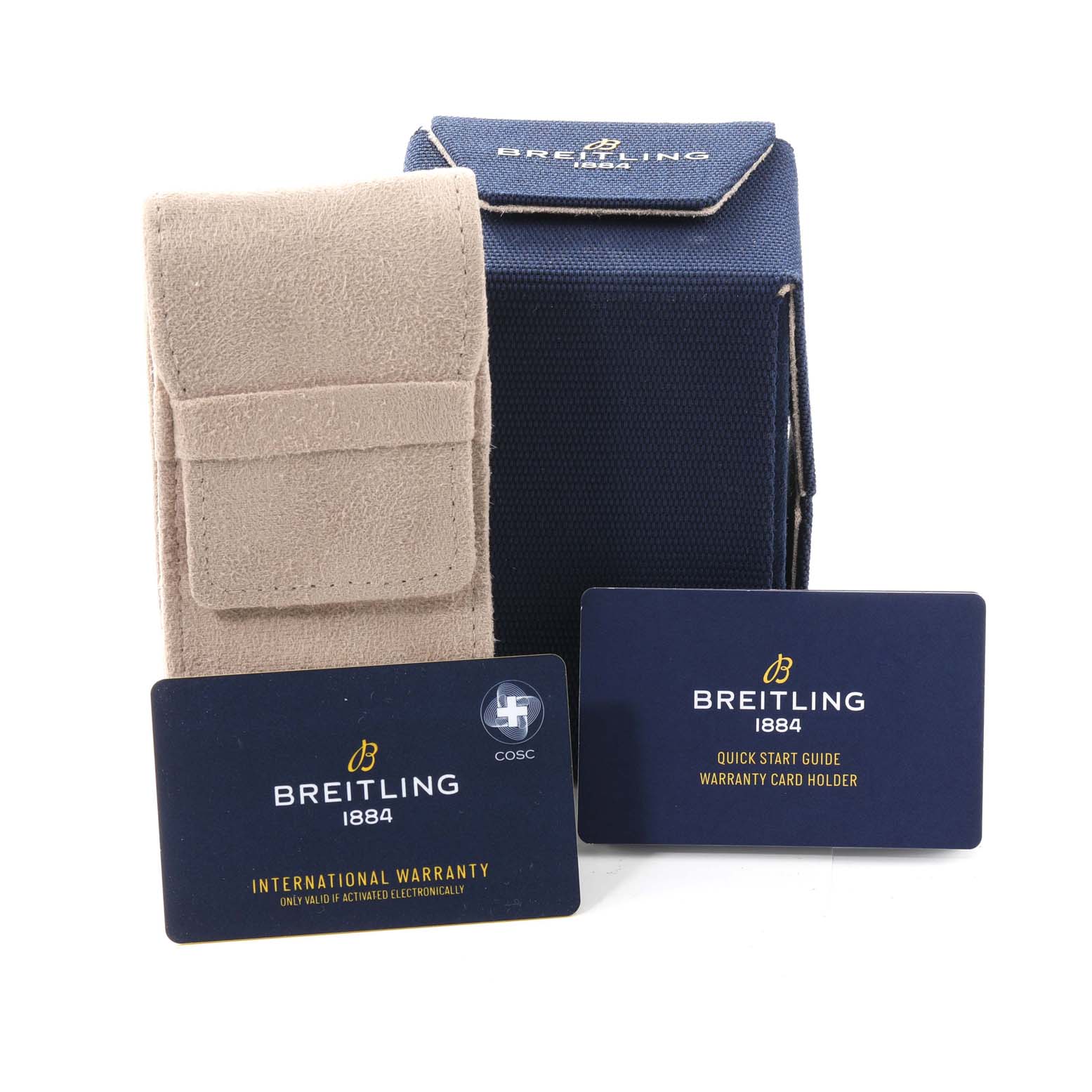 The image shows accessories for a Breitling Navitimer AB0121 Men's Stainless Steel Mother of Pearl Dial AB0121 Men's Stainless Steel Mother of Pearl Dial, including a beige pouch, blue box, quick start guide, and international warranty card.