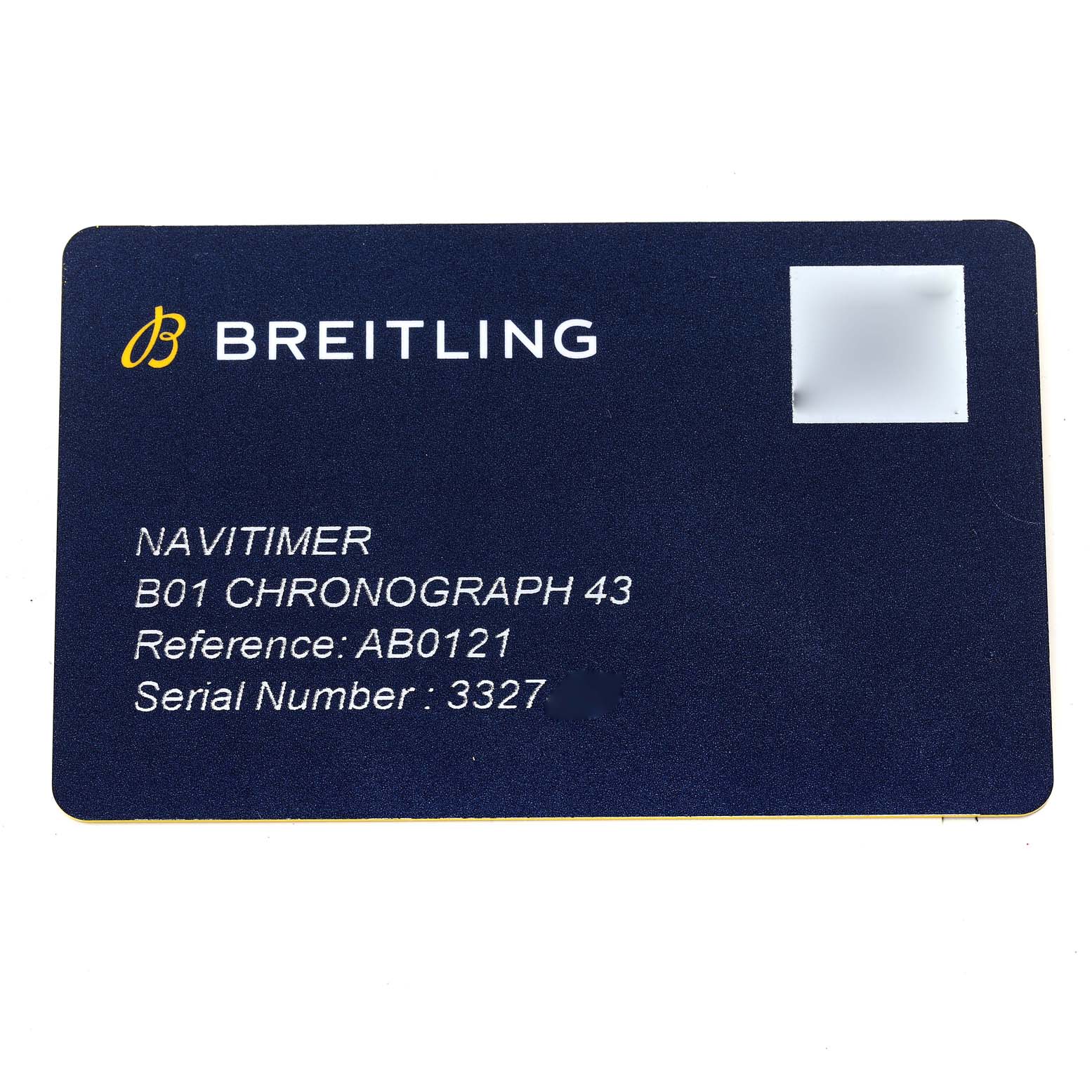 The image shows a warranty card for the Breitling Navitimer AB0121 Men's Stainless Steel Mother of Pearl Dial AB0121 Men's Stainless Steel Mother of Pearl Dial B01 Chronograph 43, displaying its reference and serial number.