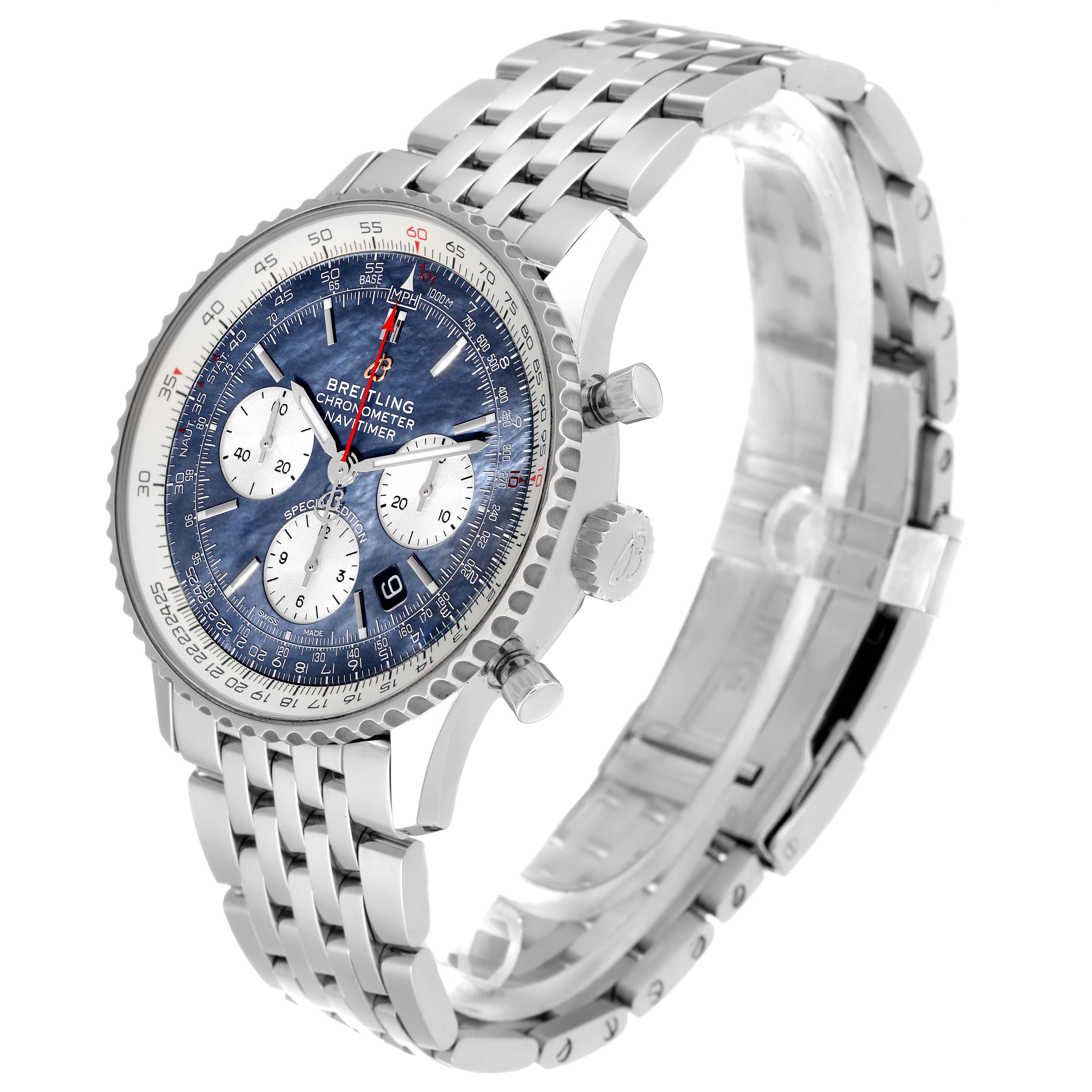 The image shows an angled side view of a Breitling Navitimer AB0121 Men's Stainless Steel Mother of Pearl Dial AB0121 Men's Stainless Steel Mother of Pearl Dial watch, highlighting the bracelet, face, crown, and pushers.