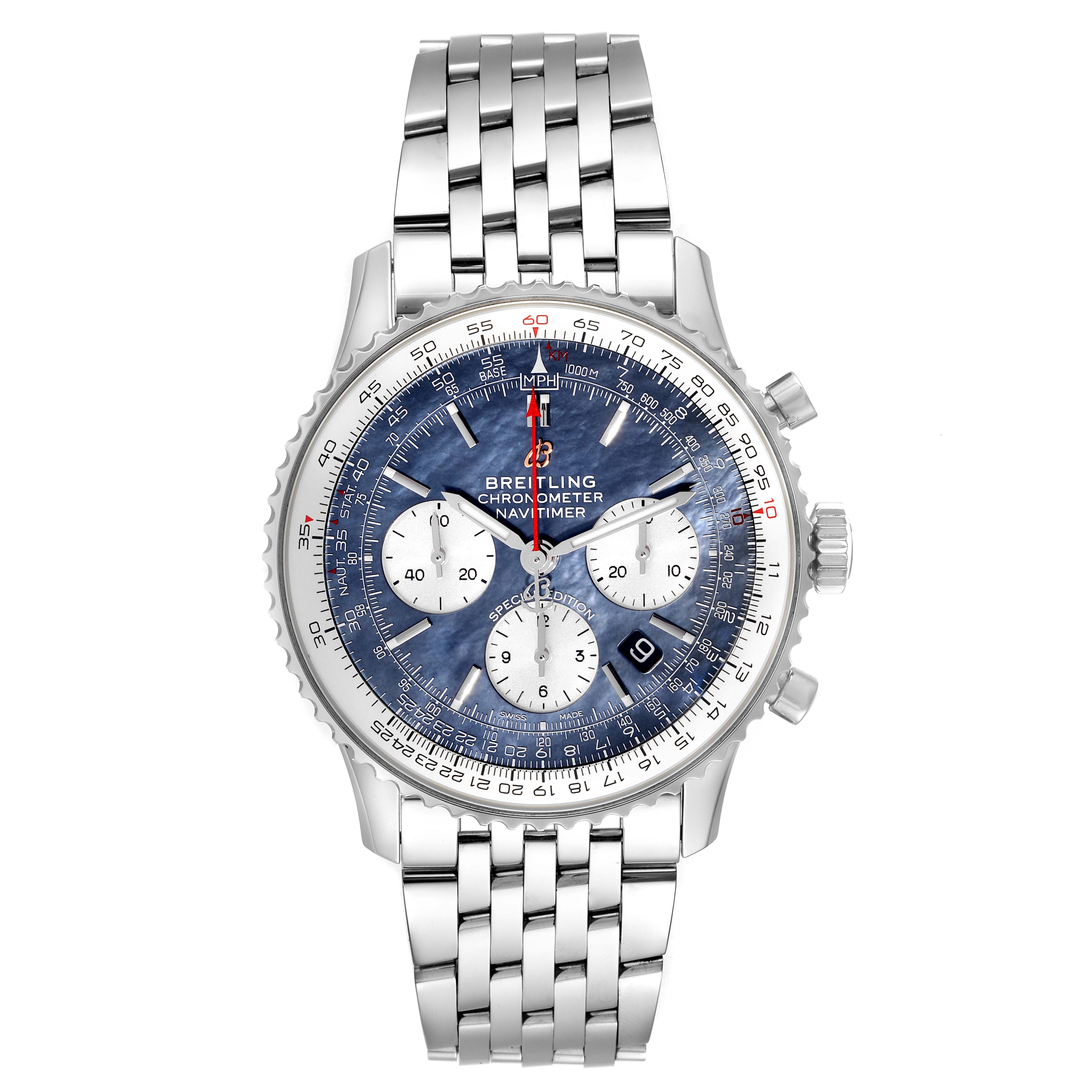 This image shows the front view of a Breitling Navitimer AB0121 Men's Stainless Steel Mother of Pearl Dial AB0121 Men's Stainless Steel Mother of Pearl Dial watch, featuring the dial, bezel, crown, chronograph buttons, and stainless steel bracelet.