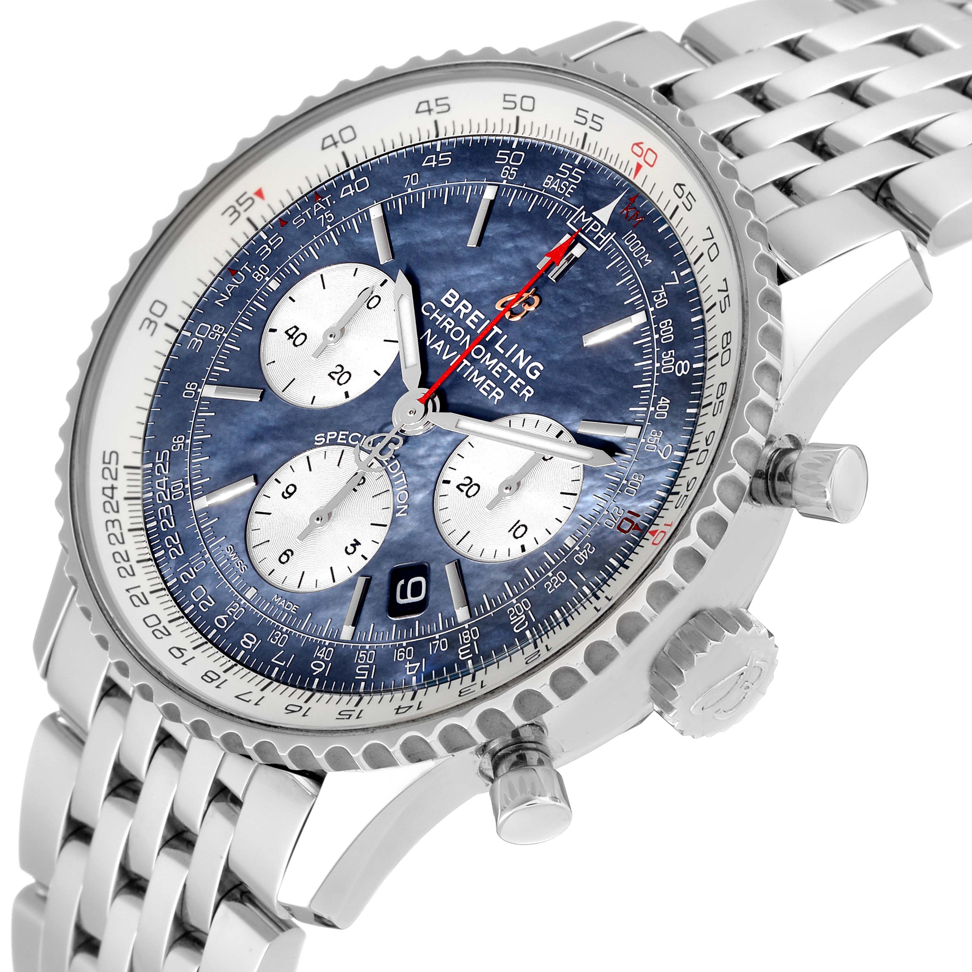 The image shows a Breitling Navitimer AB0121 Men's Stainless Steel Mother of Pearl Dial AB0121 Men's Stainless Steel Mother of Pearl Dial watch at a 3/4 angle, highlighting its bezel, chronograph subdials, and steel bracelet.