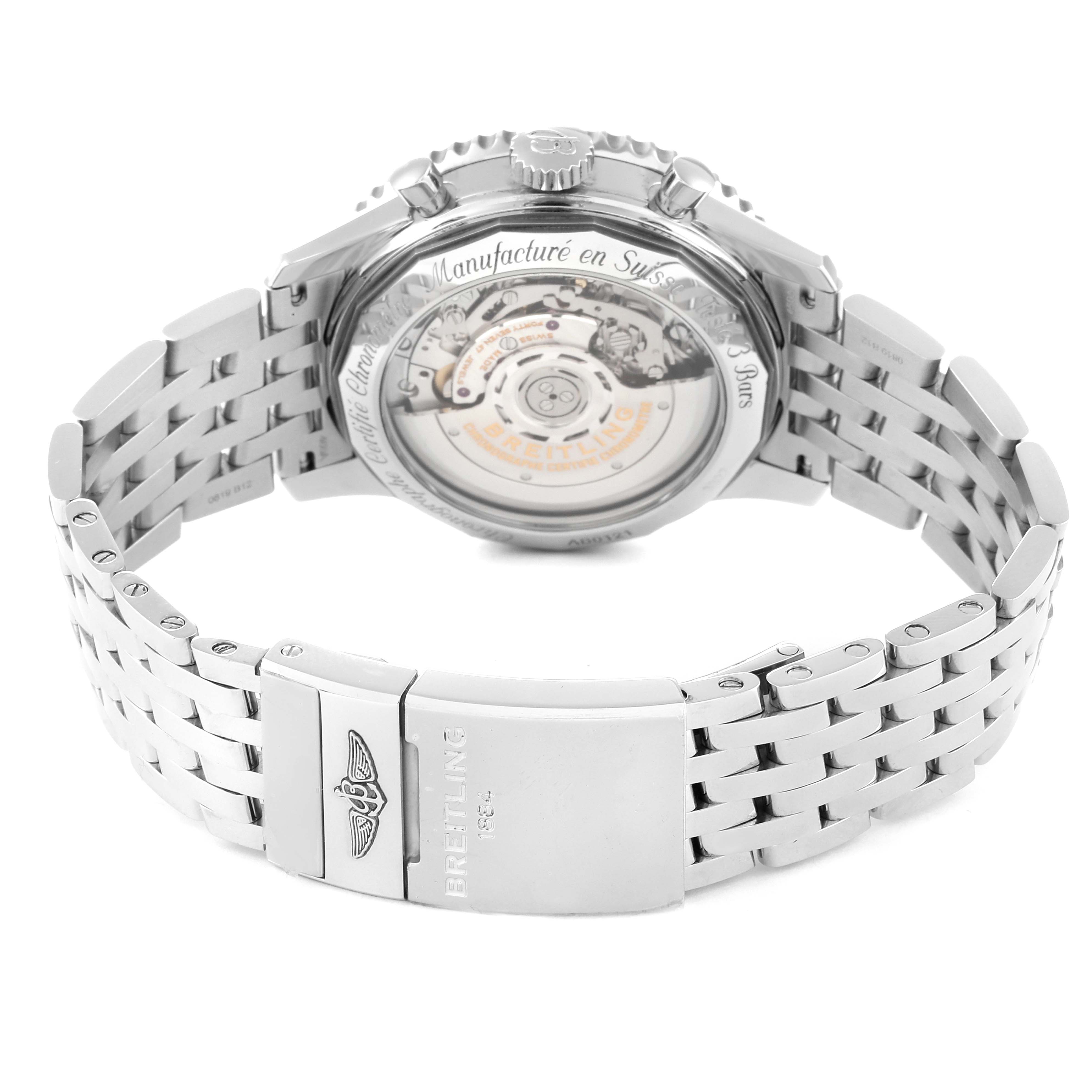 The image shows the back view of a Breitling Navitimer AB0121 Men's Stainless Steel Mother of Pearl Dial AB0121 Men's Stainless Steel Mother of Pearl Dial watch, highlighting its stainless steel bracelet and visible automatic movement.