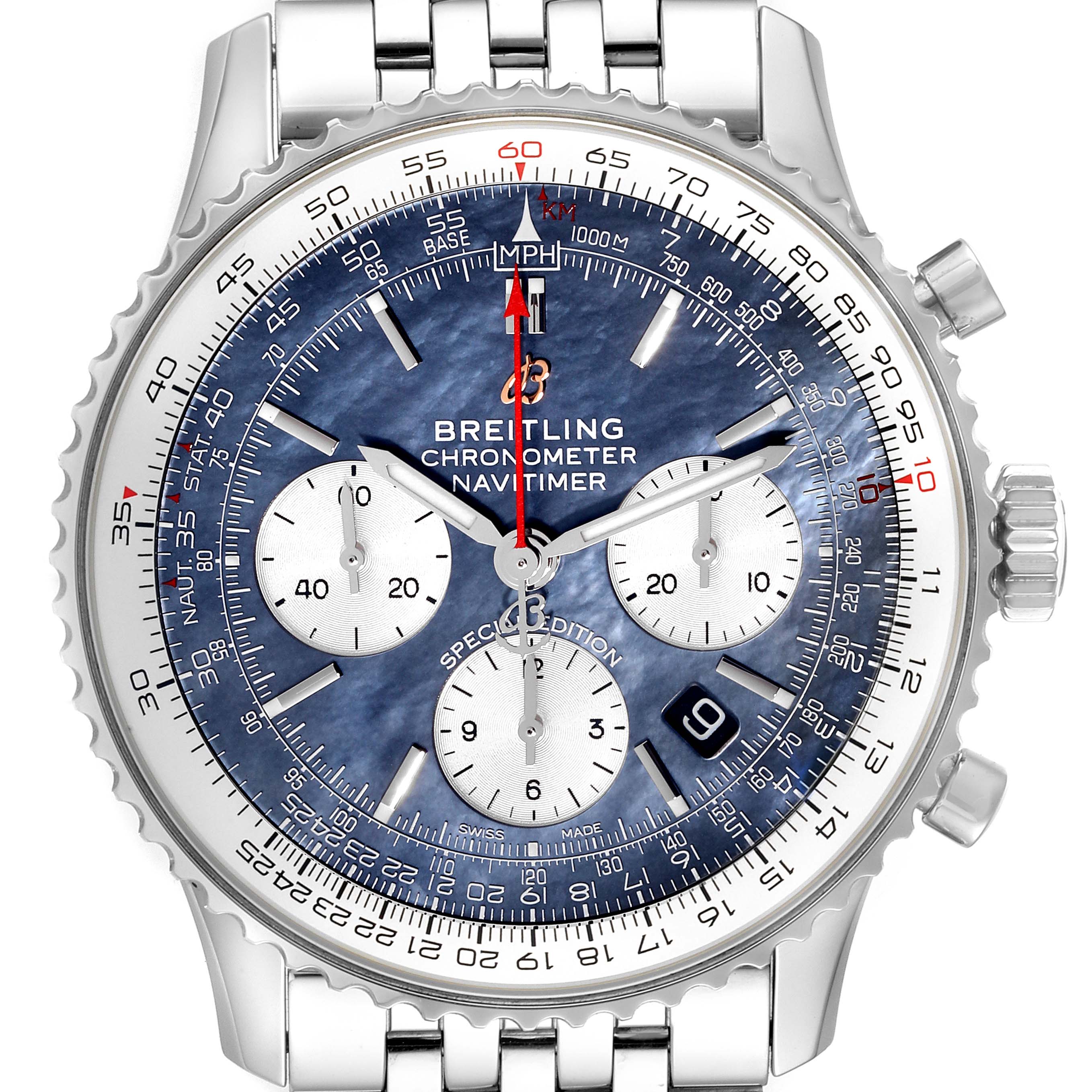 The image shows a front view of a Breitling Navitimer AB0121 Men's Stainless Steel Mother of Pearl Dial AB0121 Men's Stainless Steel Mother of Pearl Dial watch, highlighting its dial, sub-dials, bezel, and metal bracelet.