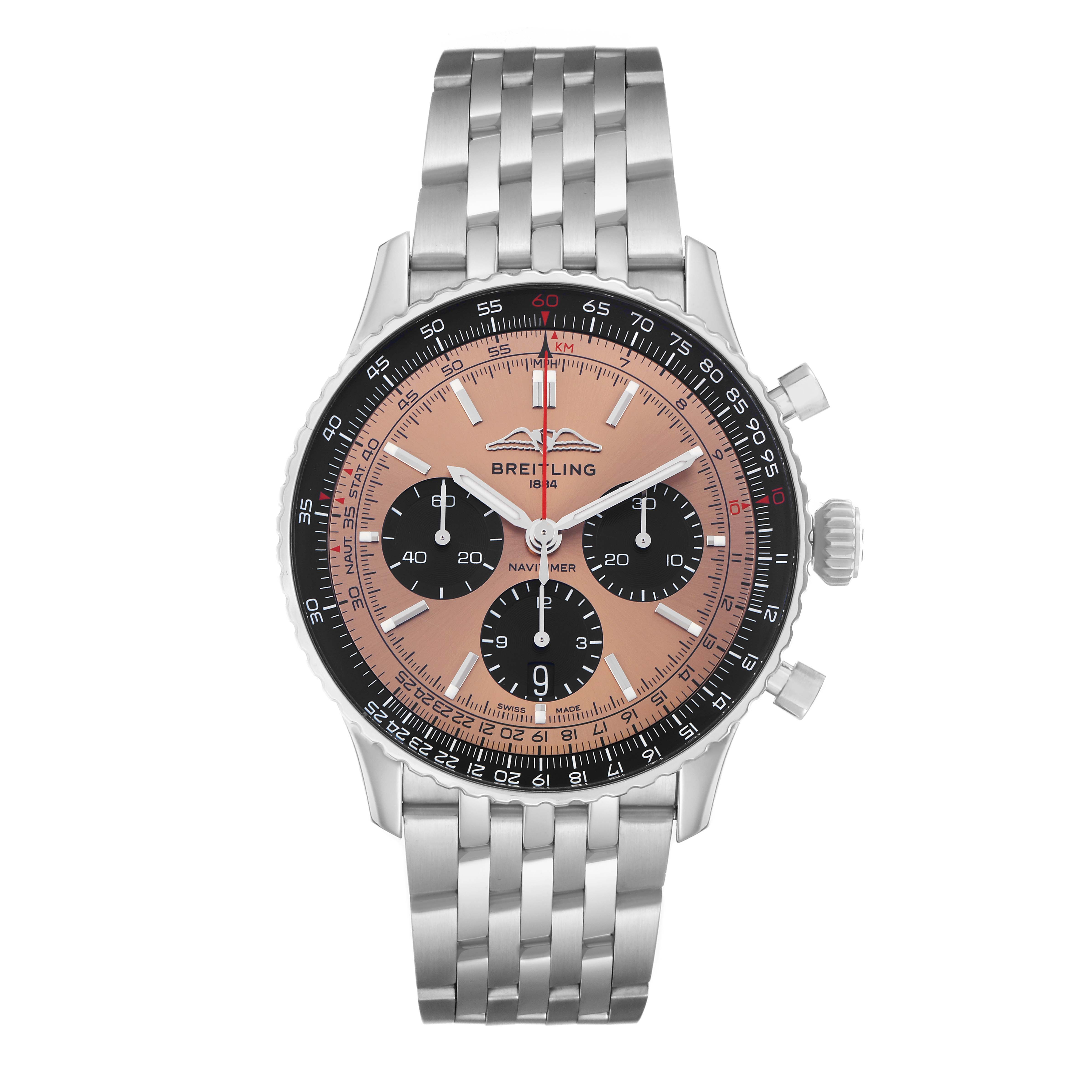 The image shows a frontal view of the Breitling Navitimer AB0138 Men
s Stainless Steel Pink Dial watch, highlighting the dial, bezel, bracelet, and pushers.