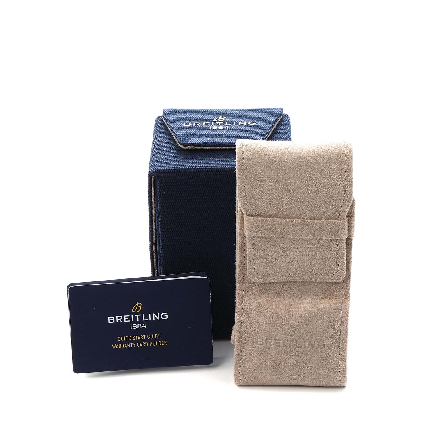 The image shows Breitling Navitimer AB0138 Men
s Stainless Steel Pink Dial accessories, including a blue box, beige pouch, and a warranty card holder.