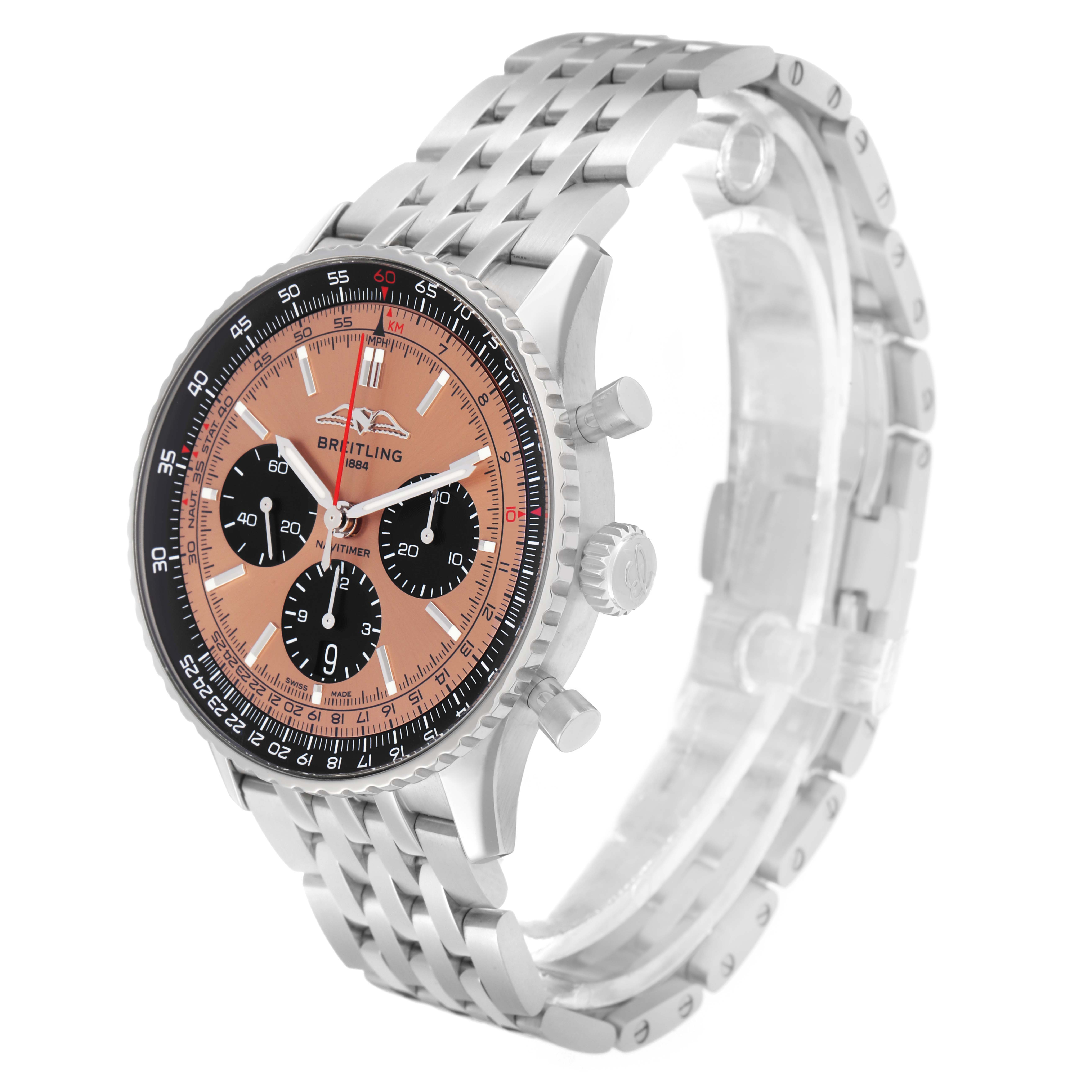 The Breitling Navitimer AB0138 Men
s Stainless Steel Pink Dial watch is shown at a side angle highlighting the dial, bezel, crown, and bracelet.