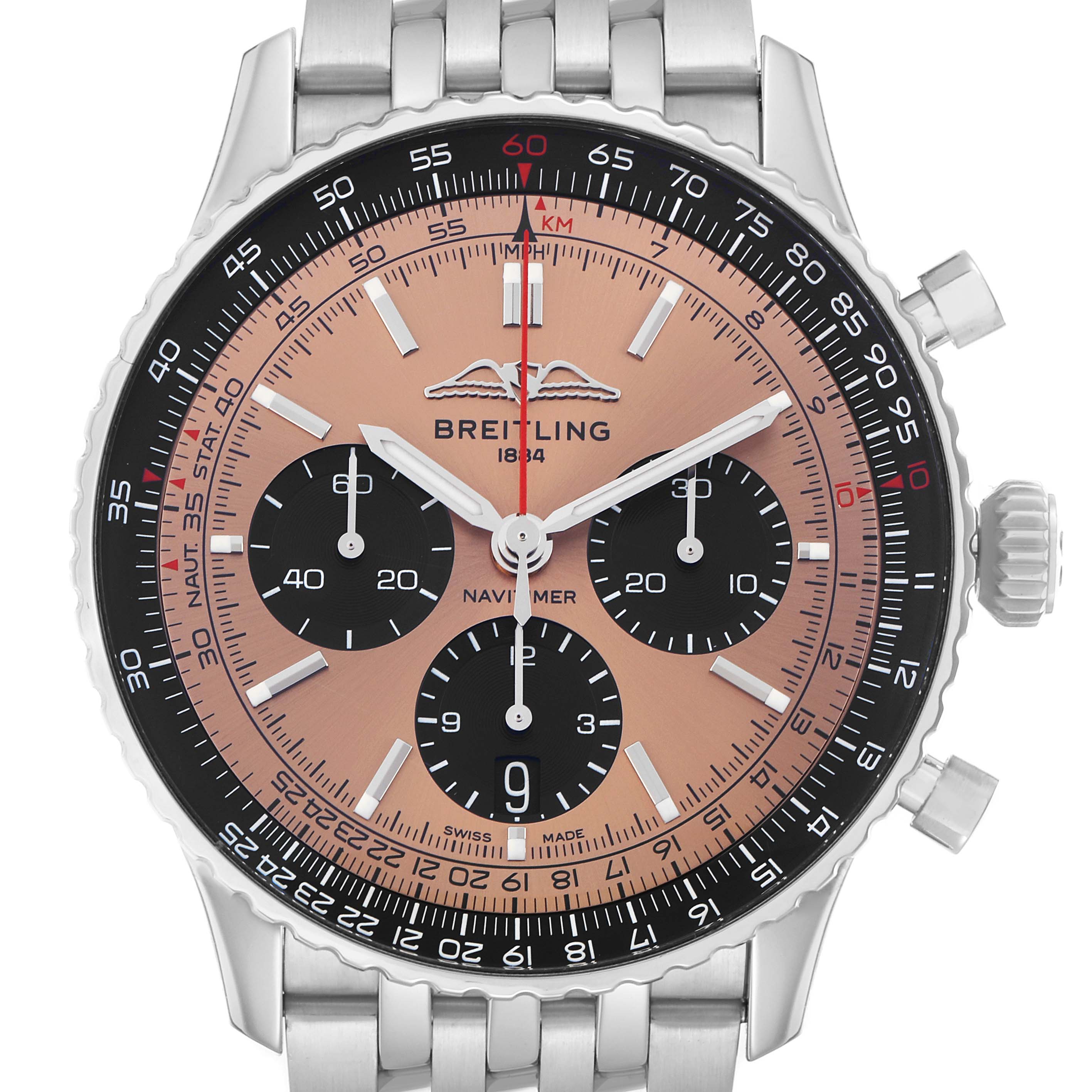 The image shows a front view of a Breitling Navitimer AB0138 Men
s Stainless Steel Pink Dial watch, highlighting the dial, bezel, and stainless steel bracelet.