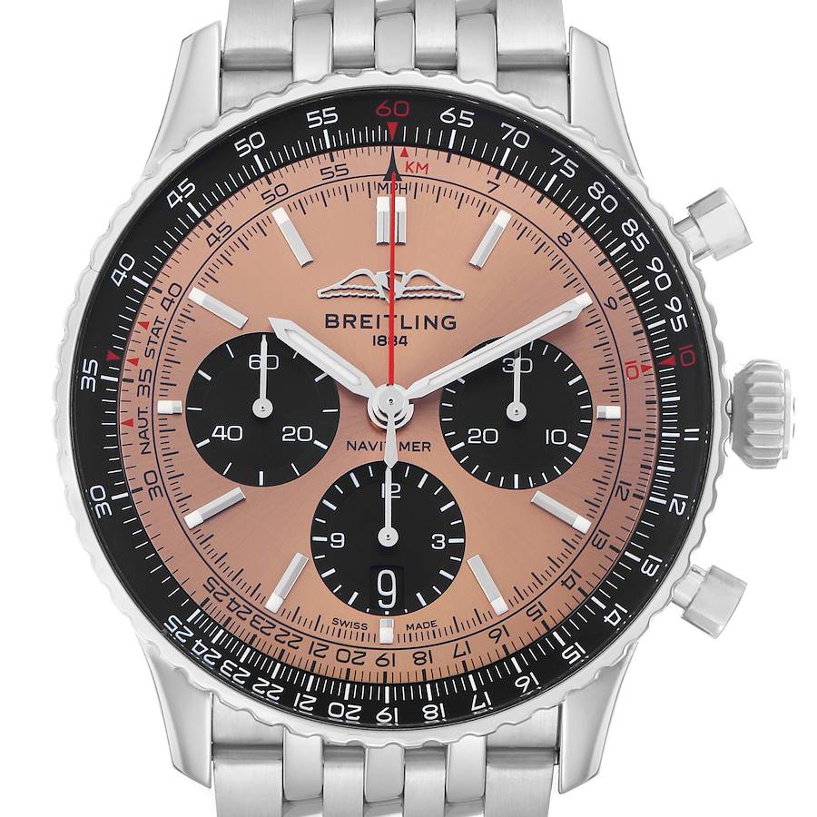 The image shows a front view of a Breitling Navitimer AB0138 Men's Stainless Steel Pink Dial watch, highlighting the dial, bezel, and stainless steel bracelet.