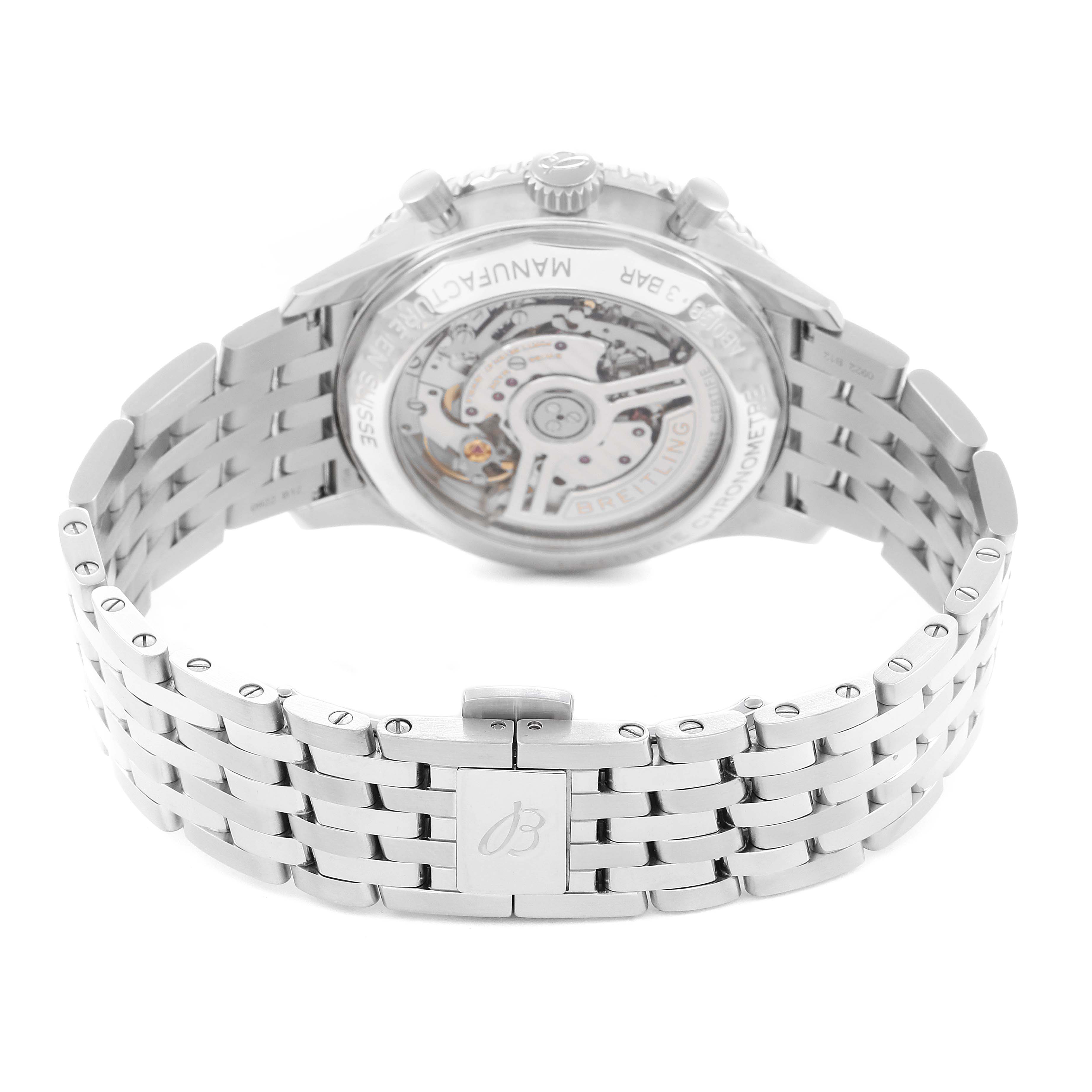 The Breitling Navitimer AB0138 Men
s Stainless Steel Pink Dial watch is shown from the back, featuring its transparent case back and metal bracelet.