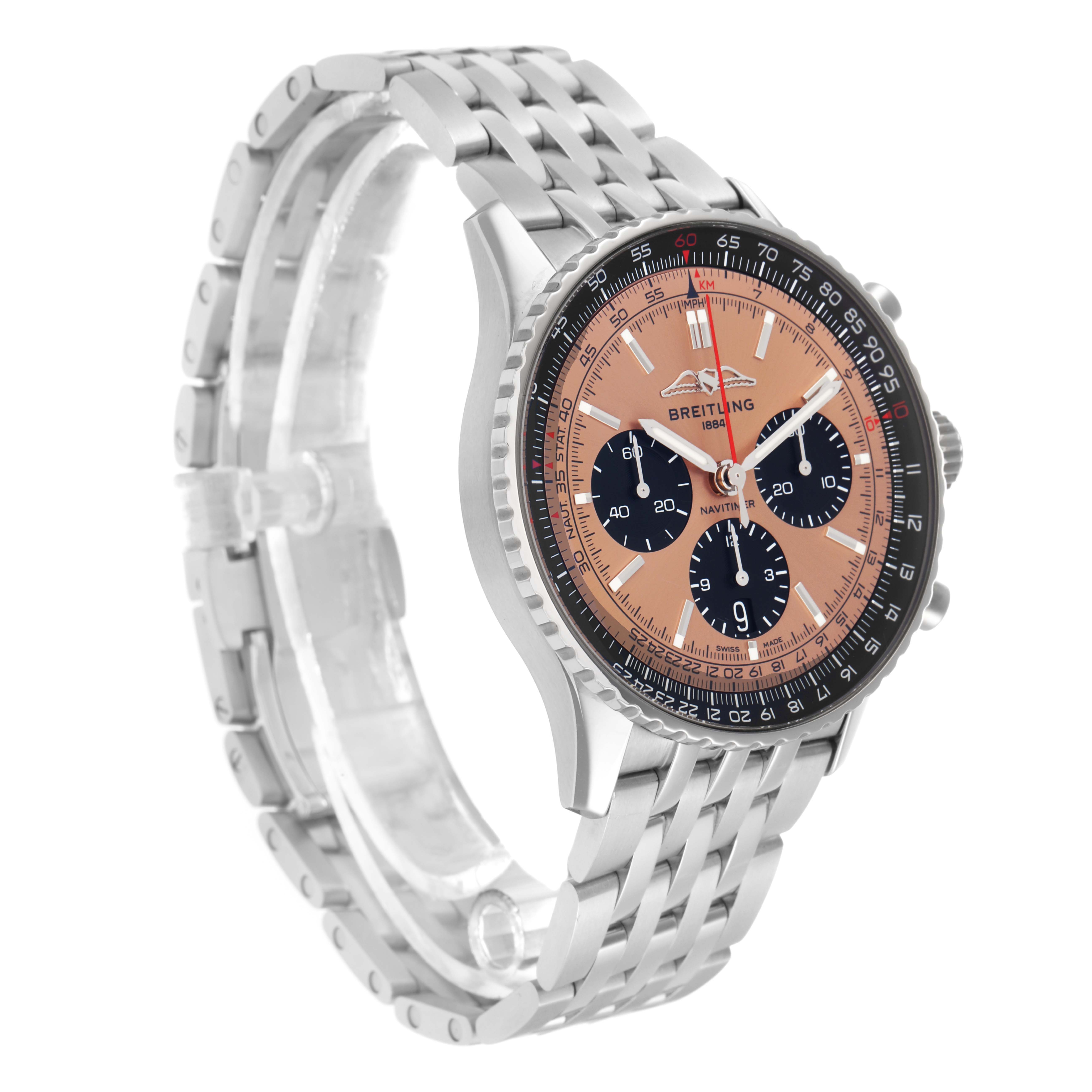 The Breitling Navitimer AB0138 Men
s Stainless Steel Pink Dial watch is shown at a three-quarter angle, displaying its face, bezel, and metal bracelet.