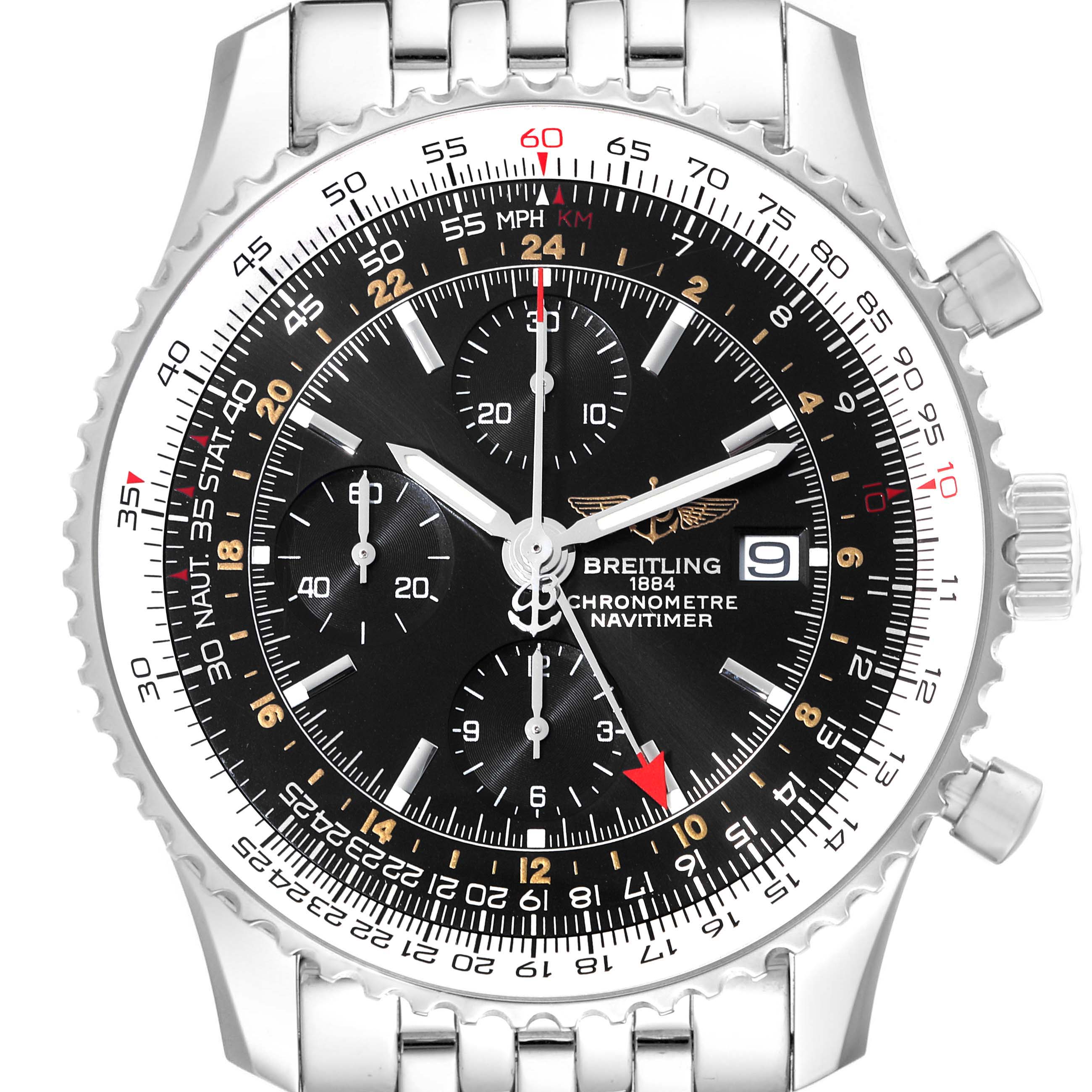 The image shows a frontal view of the Breitling Navitimer A24322 Men's Stainless Steel Black Dial A24322 Men's Stainless Steel Black Dial, featuring its dial, chronograph subdials, bezel, crown, and part of the metallic strap.