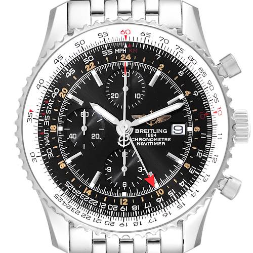 The image shows a front view of the Breitling Navitimer watch, showcasing its dial, bezel, and bracelet.