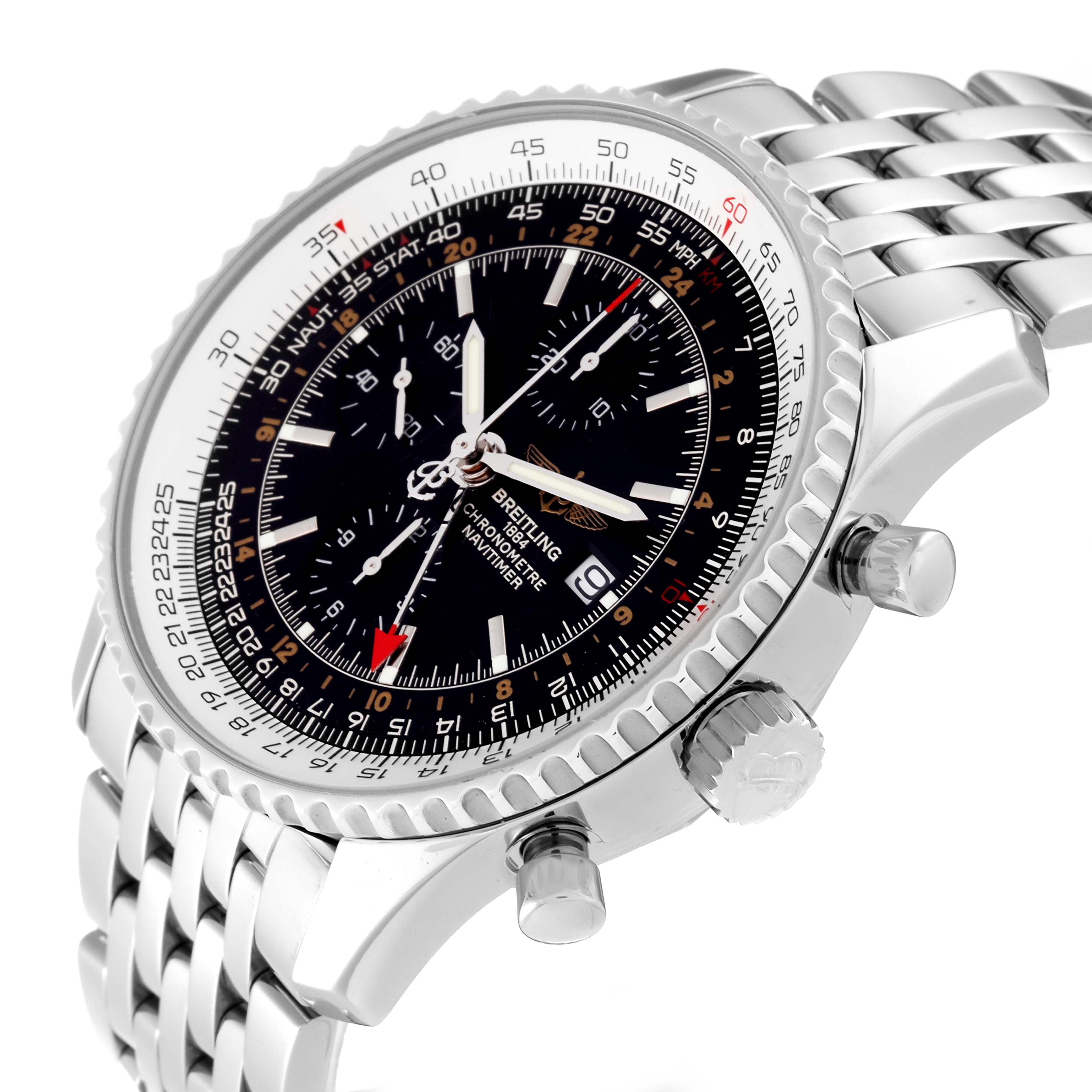 This image shows a Breitling Navitimer A24322 Men's Stainless Steel Black Dial A24322 Men's Stainless Steel Black Dial watch at an angle highlighting the dial, bezel, crown, and bracelet.