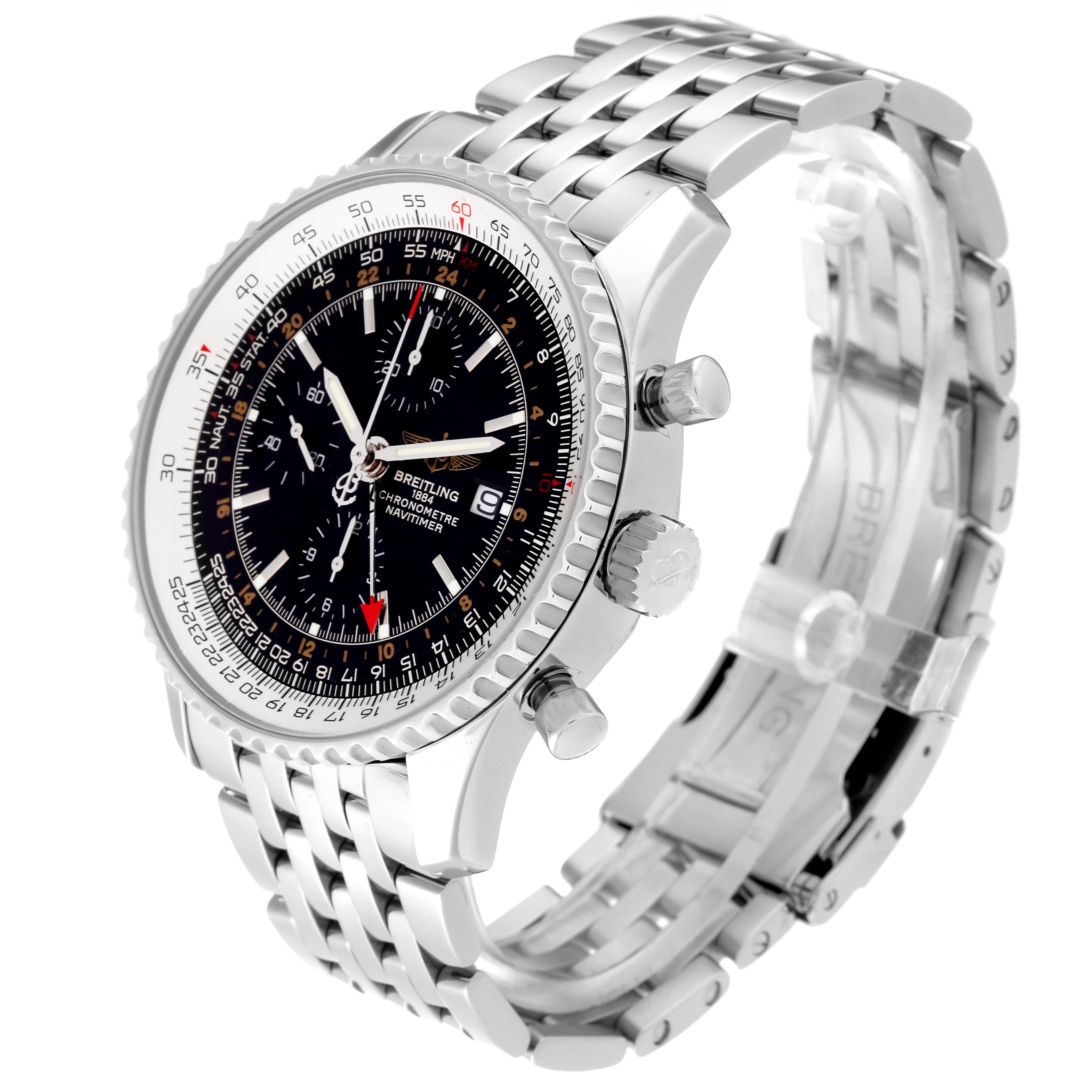 This image shows a side-angle view of a Breitling Navitimer A24322 Men's Stainless Steel Black Dial A24322 Men's Stainless Steel Black Dial watch, highlighting the dial, bezel, case, crown, and bracelet.