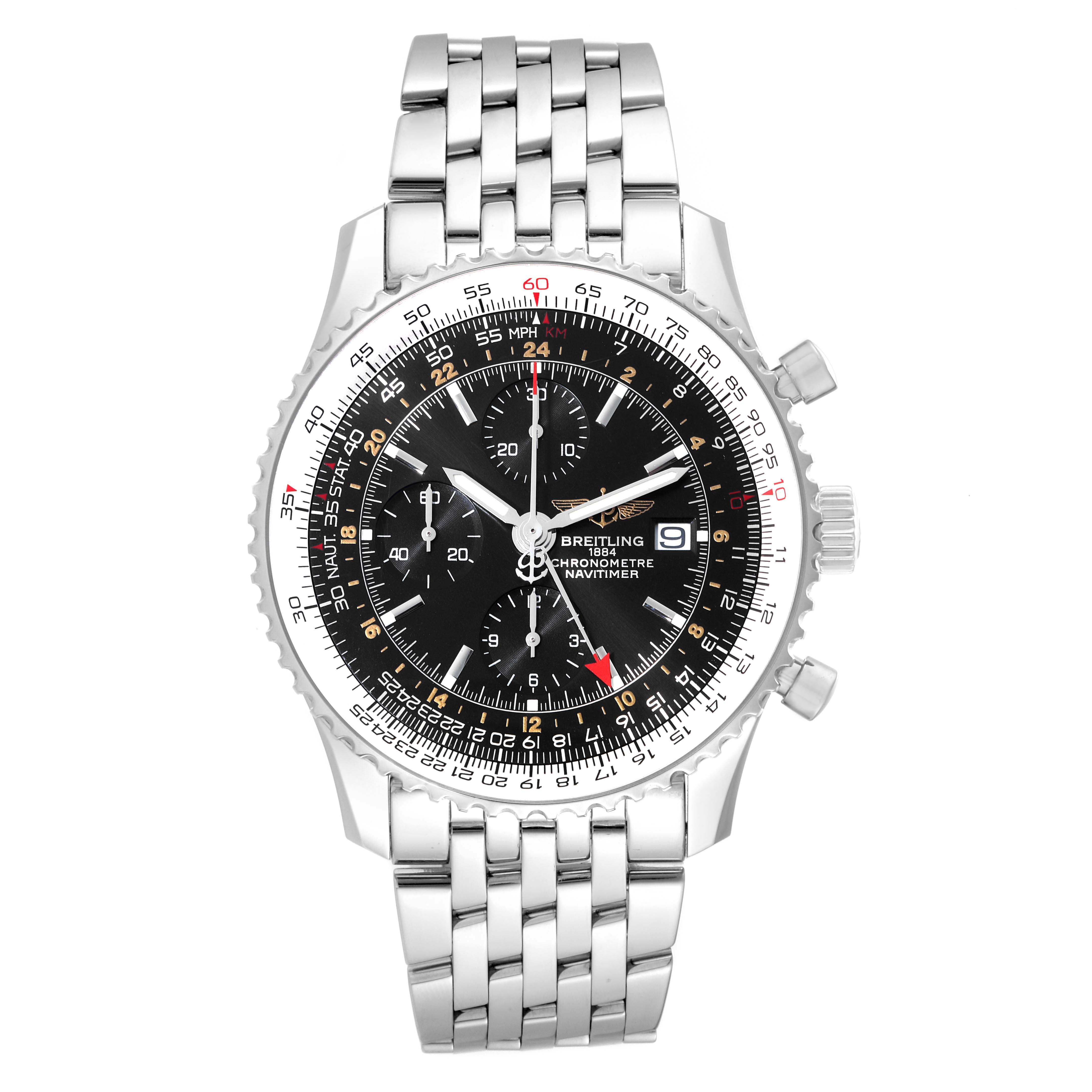 This image shows a front view of the Breitling Navitimer A24322 Men's Stainless Steel Black Dial A24322 Men's Stainless Steel Black Dial watch, featuring its face, dial, chronograph subdials, and stainless steel bracelet.