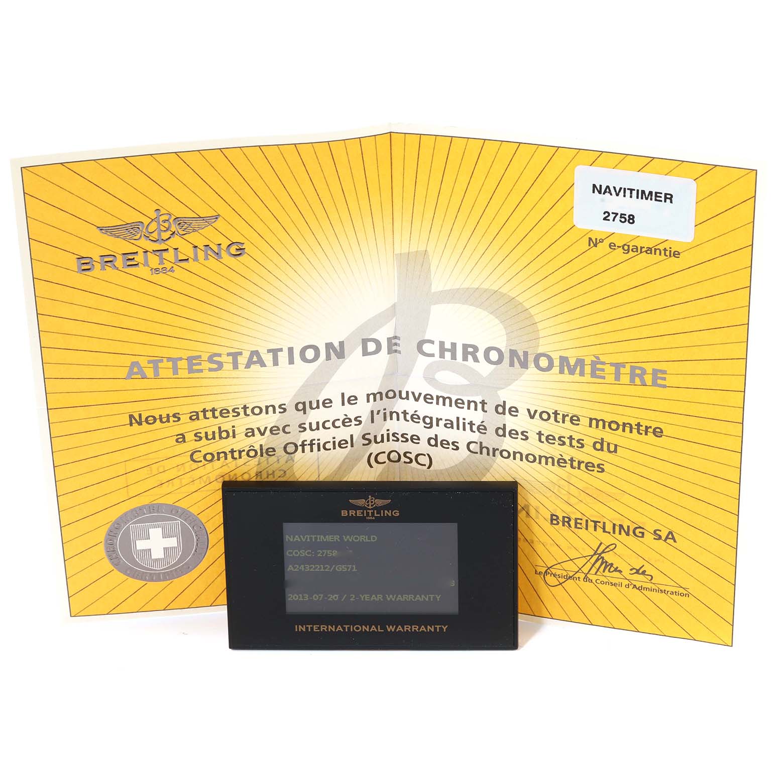 The image shows a Breitling Navitimer A2432212/G571 Men's Stainless Steel White Dial A2432212/G571 Men's Stainless Steel White Dial model warranty and certification documents.