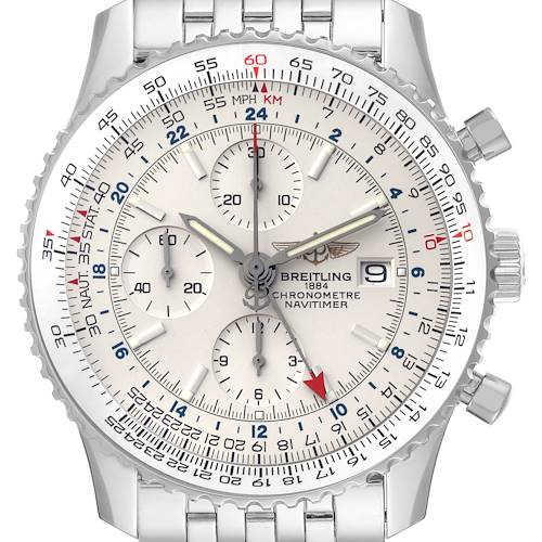 Photo of Breitling Navitimer World GMT Silver Dial Steel Mens Watch A24322 Box Card