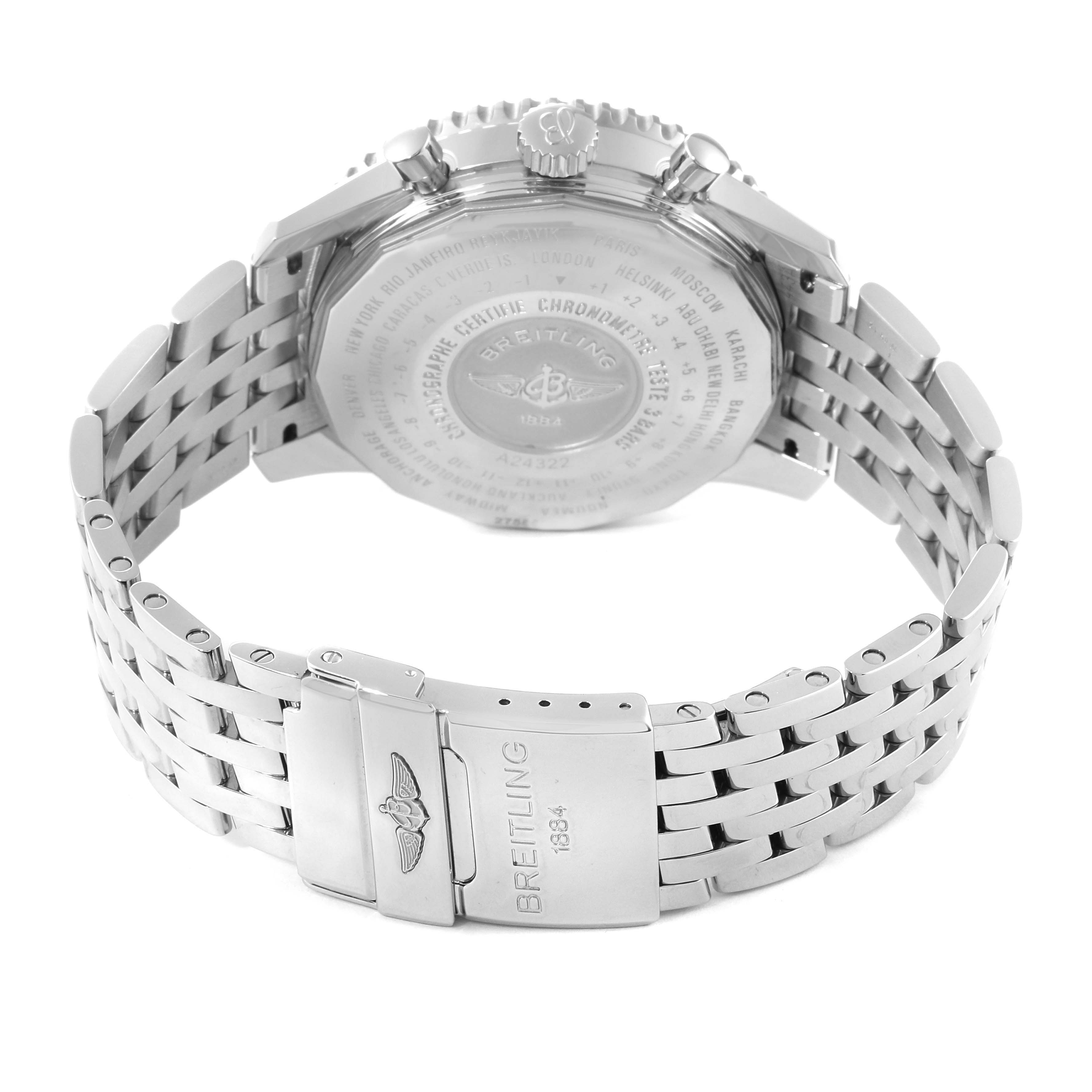 The image shows the backside and clasp of a Breitling Navitimer A2432212/G571 Men's Stainless Steel White Dial A2432212/G571 Men's Stainless Steel White Dial watch, highlighting its stainless steel bracelet and engraved case back.