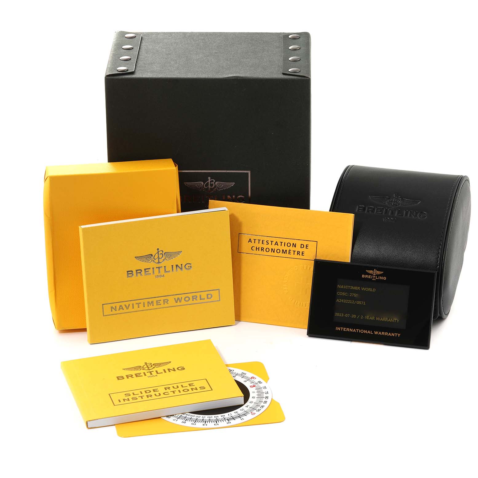 The image shows packaging, manuals, and warranty cards for a Breitling Navitimer A2432212/G571 Men's Stainless Steel White Dial A2432212/G571 Men's Stainless Steel White Dial model along with a black watch case.