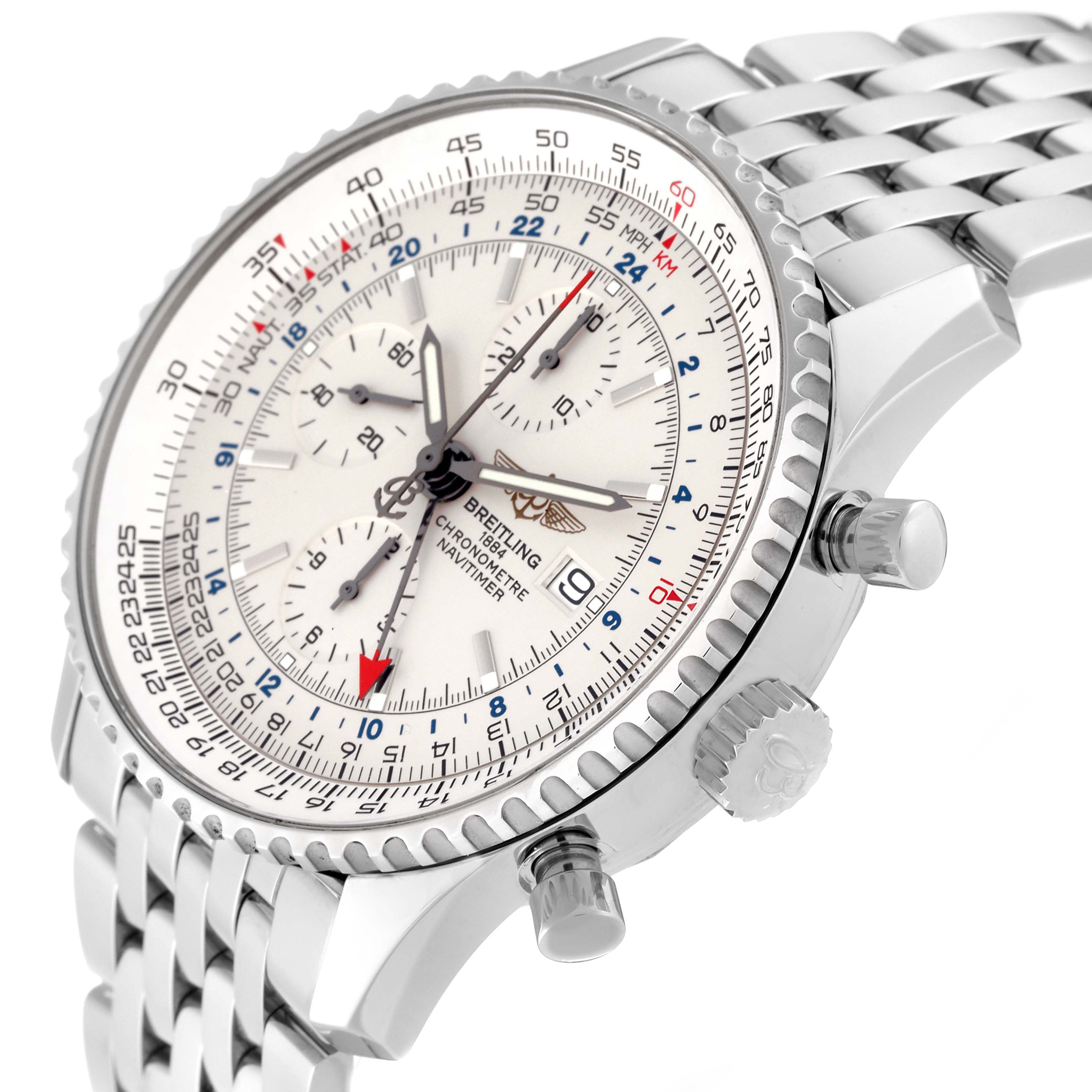 This image shows a Breitling Navitimer A2432212/G571 Men's Stainless Steel White Dial A2432212/G571 Men's Stainless Steel White Dial watch from an oblique angle, highlighting the dial, bezel, crown, and stainless steel bracelet.